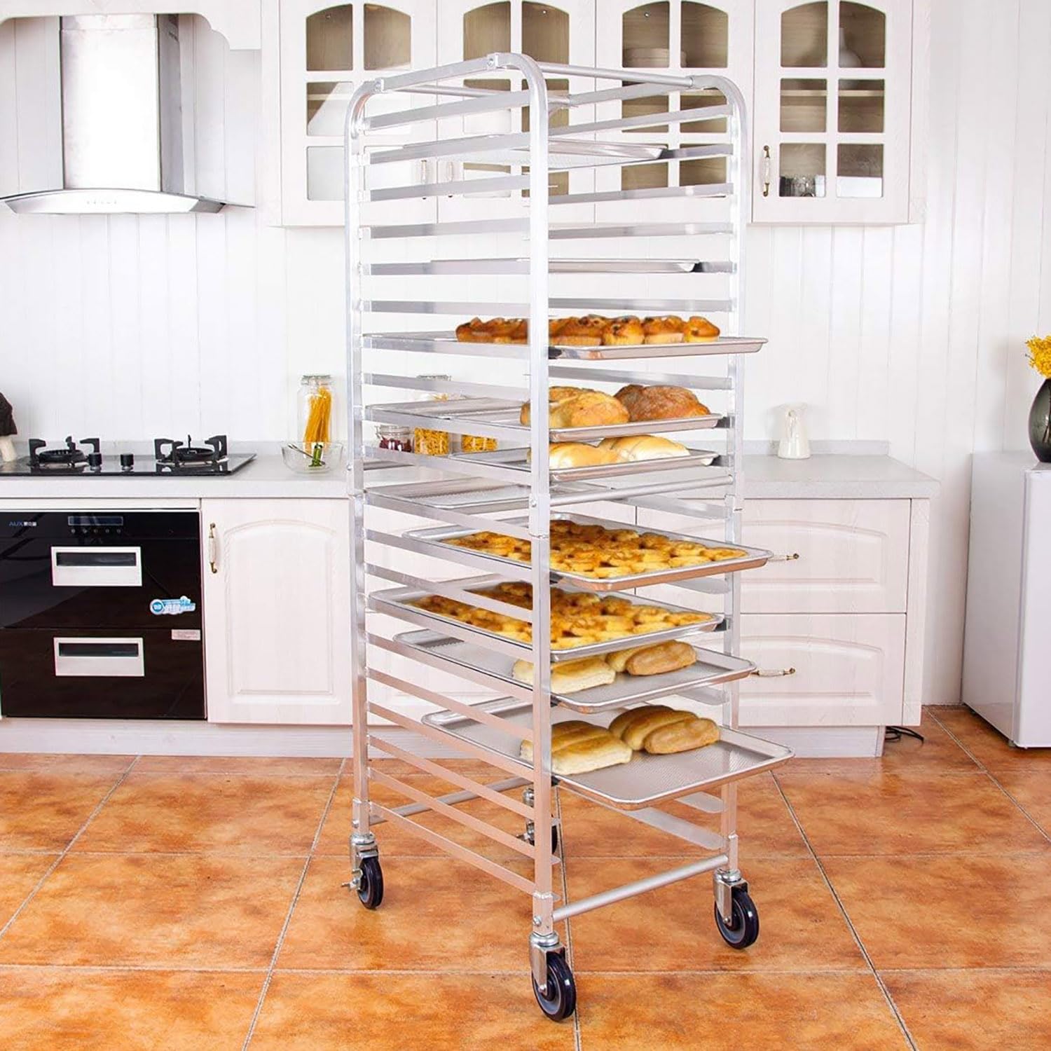 Scaffale mobile in alluminio a 20 ripiani con 4 ruote, perfetto per panetteria, cucine domestiche e commerciali, ideale per ristoranti, pizzerie e catering