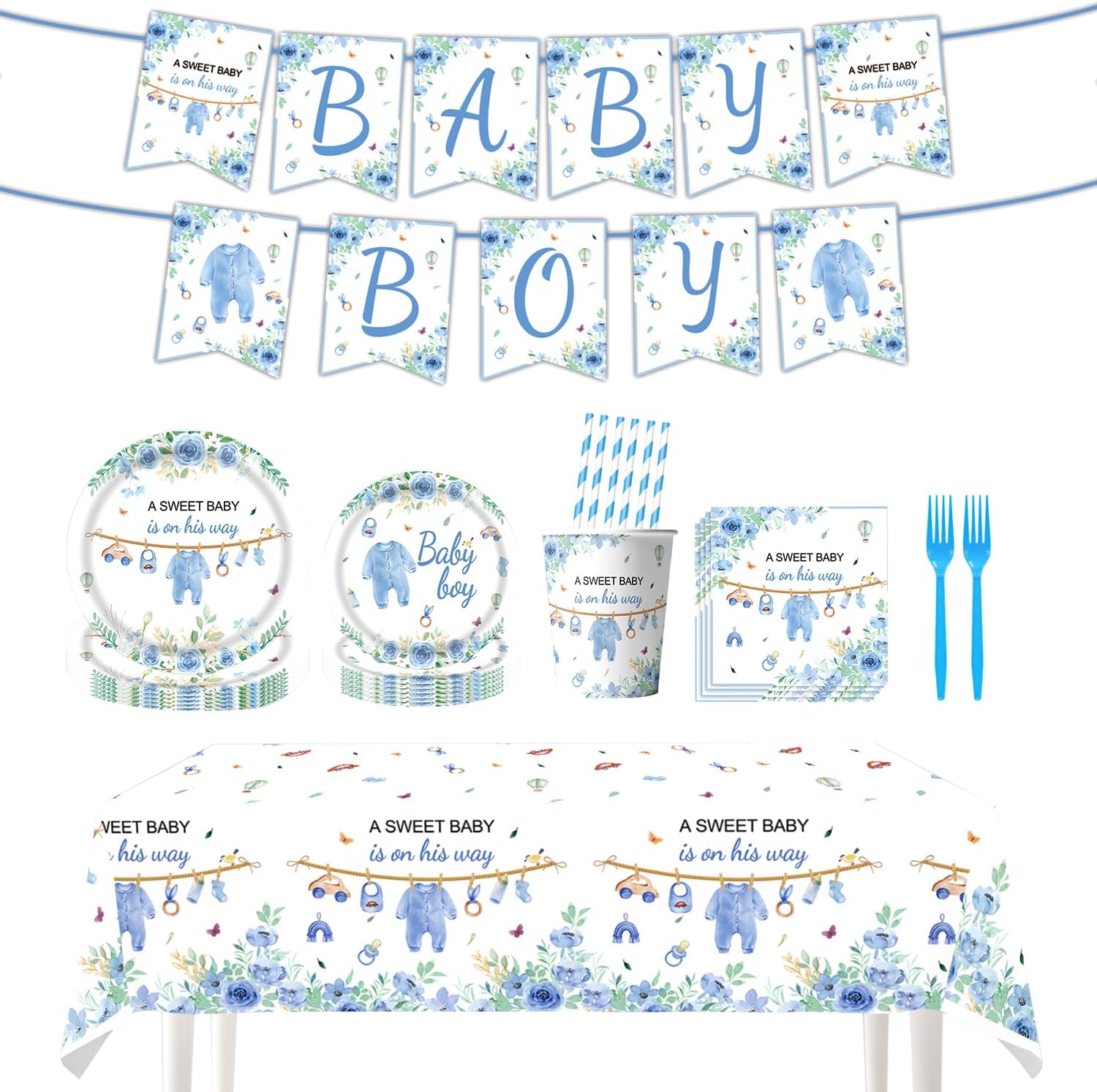 220 Pcs Baby Shower Decorations for Boy Serve 25 Guest - Blue Theme All-in-One Party Supplies Kit with Plates, Cups, Napkins, Forks, Straws, Banner, Tablecloth (220 pcs blue)