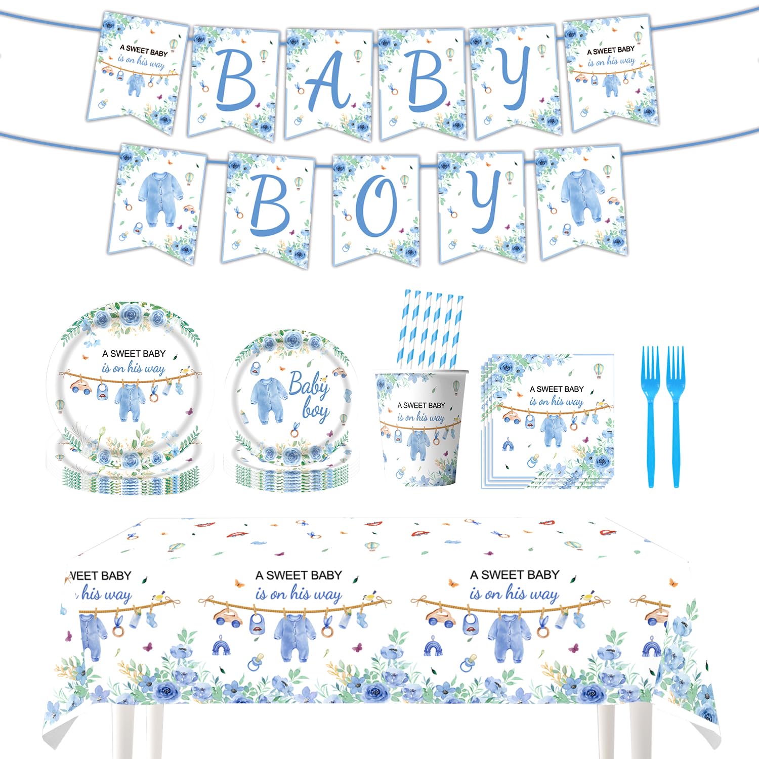 TOTOMA 162 Pcs Baby Shower Decorations for Boy Serve 25 Guest - Blue Theme All-in-One Party Supplies Kit with Plates, Cups, Napkins, Forks, Straws,