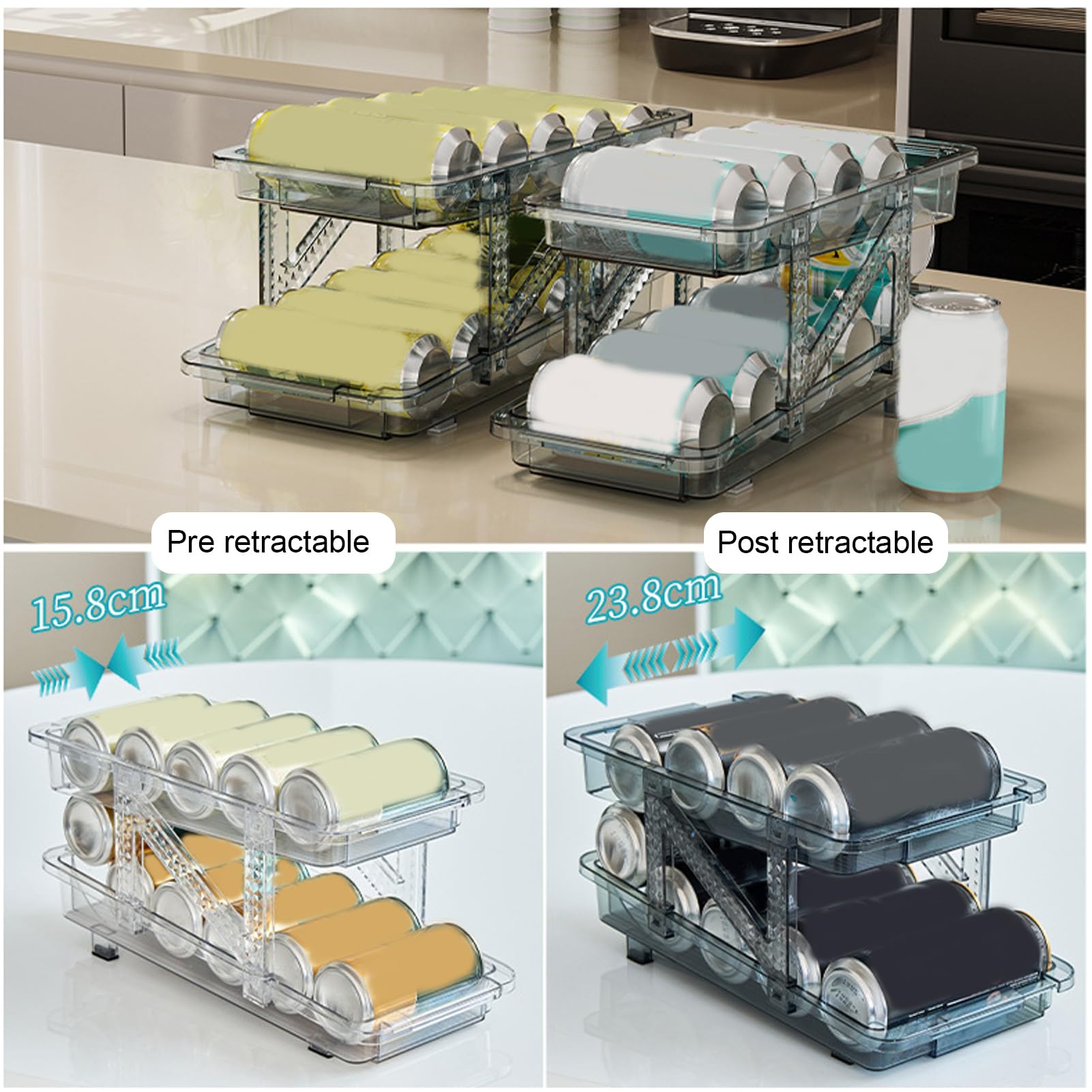 Dispensador de Latas de Refresco de 2 Piezas para Refrigerador,Organizador Automático de Bebidas con Ruedas de 2 Niveles para Organizador de Latas de Refresco de Refrigerador,Estante