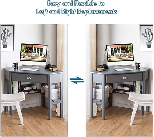 Miniatura 25 de LDAILY Escritorio de esquina pequeño, escritorio de maquillaje triangular para espacio pequeño, escritorio compacto con estantes de almacenamiento y