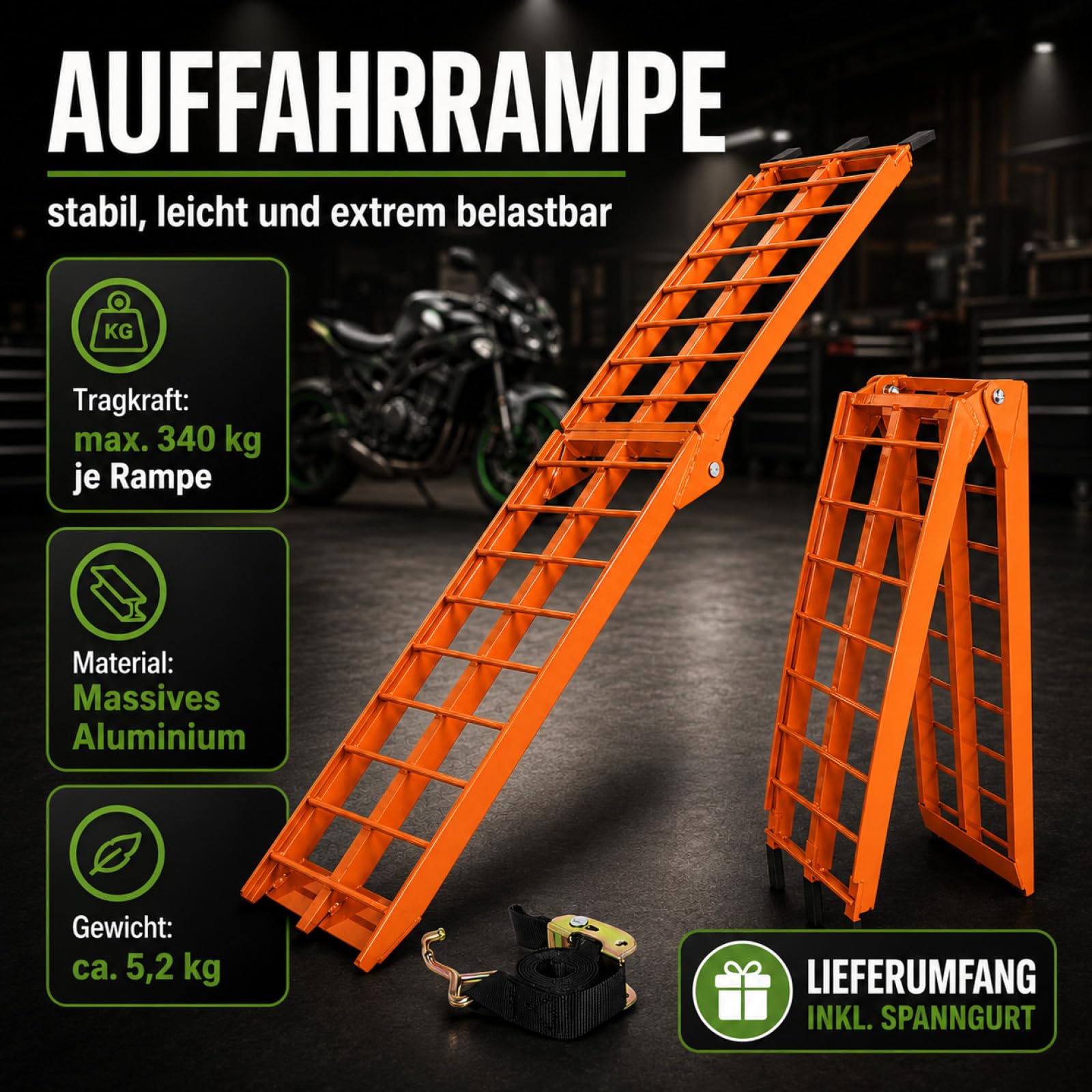TRUTZHOLM Auffahrrampe klappbar Länge 180 cm Traglast 340 kg | Faltbare Laderampe Alu Verladerampe Antirutsch für Motorrad ATV Quad PKW Auto