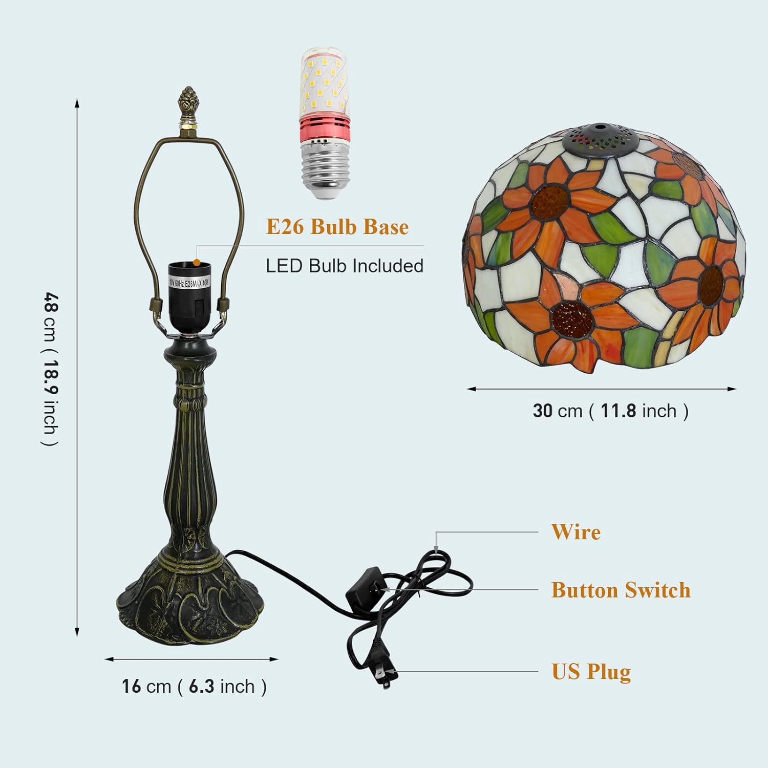Tiffany Style Table Lamp Sunflower Vintage Table Lamp Stained Glass Lamp Durable Bronze Alloy Base Tiffany Lamps for Bedroom 12" Wide 19" Tall for Living Room Home Office