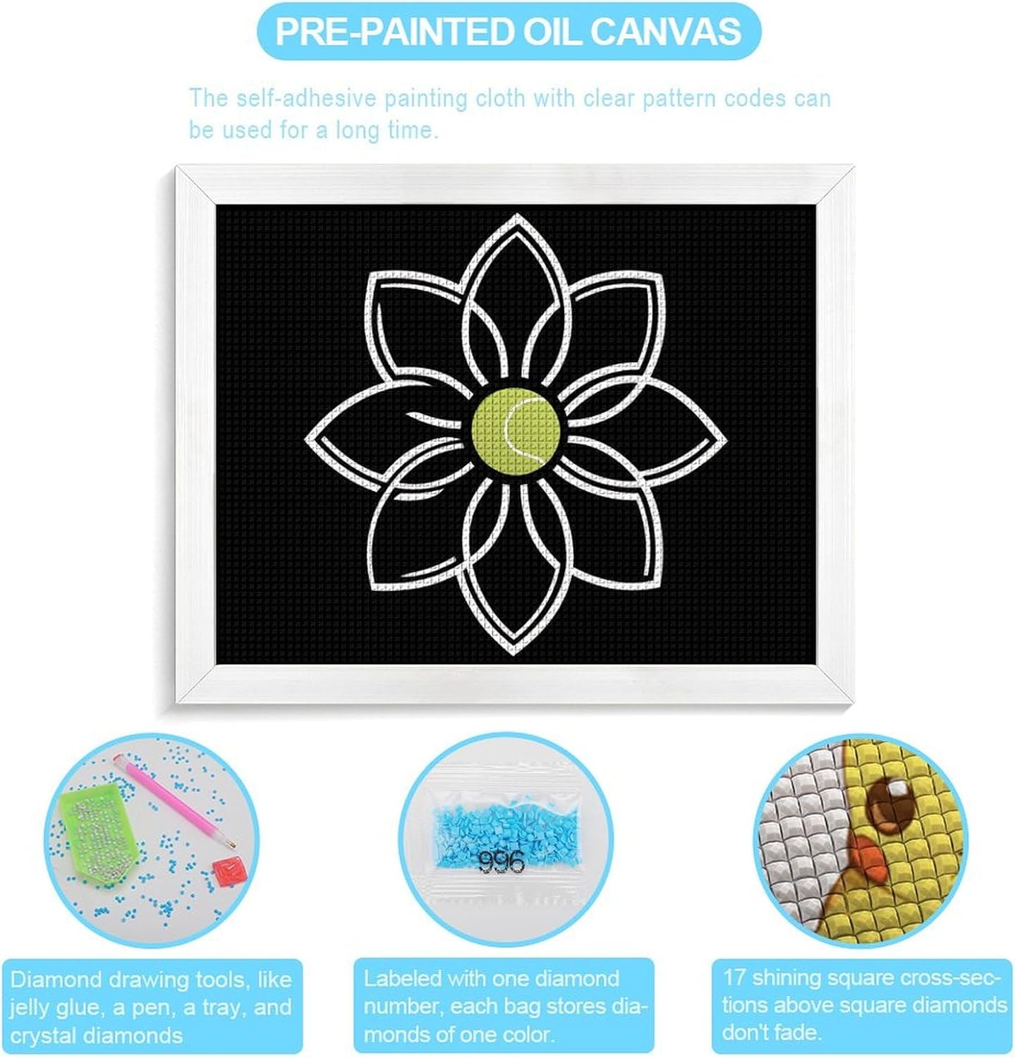 Flower With Tennis Ball Printed Diamond 5D Painting Kits DIY Full Drill Crafts for Home Wall Decor 16x20 Inch White Wood 50 * 40cm