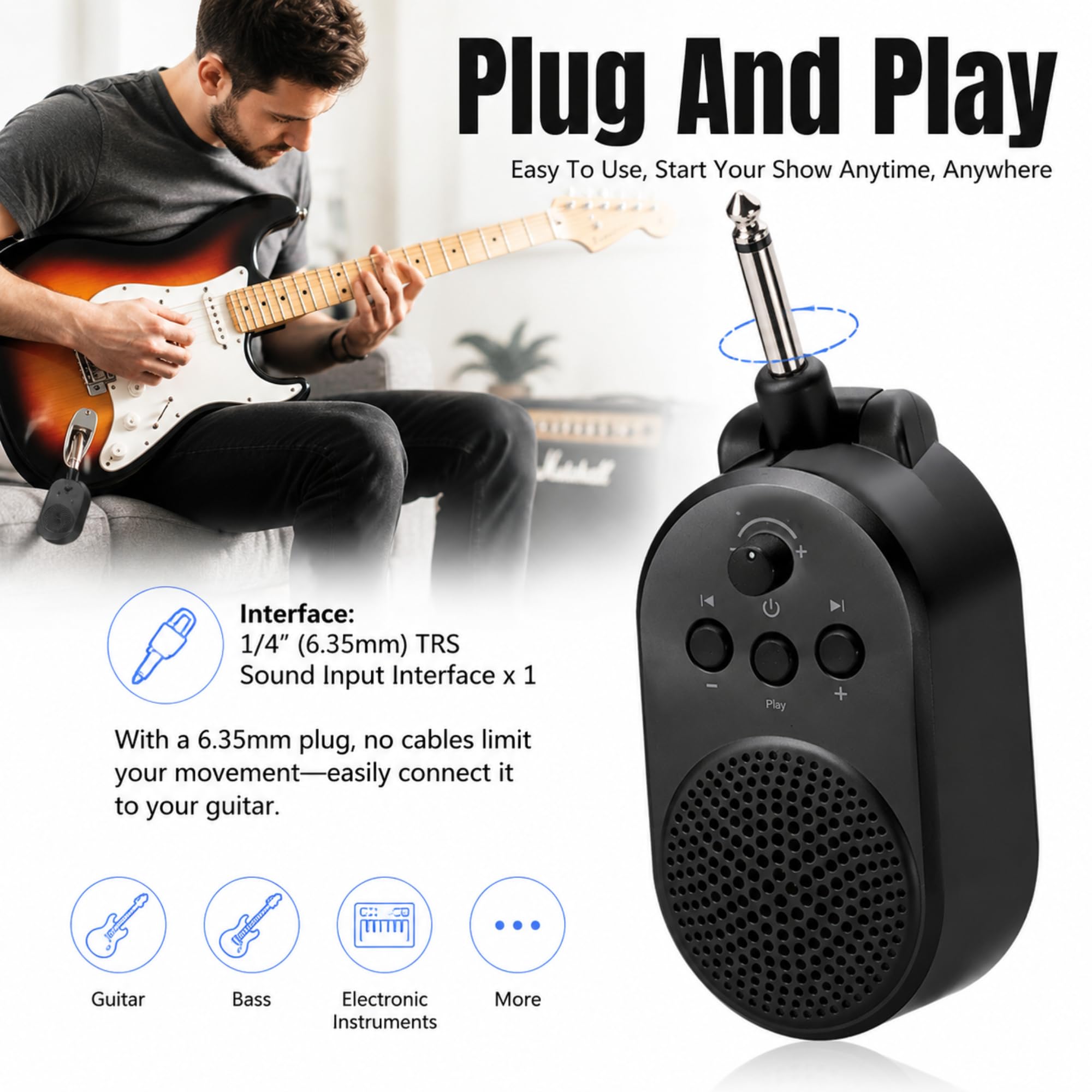 Mini Amplificatore per Chitarra 5W Bluetooth 5.0 Amplificatore Portatile Plug-in USB Ricaricabile Ruotabile a 270° con Interfaccia di Ingresso Audio TRS 1/4 (6,35 mm) p