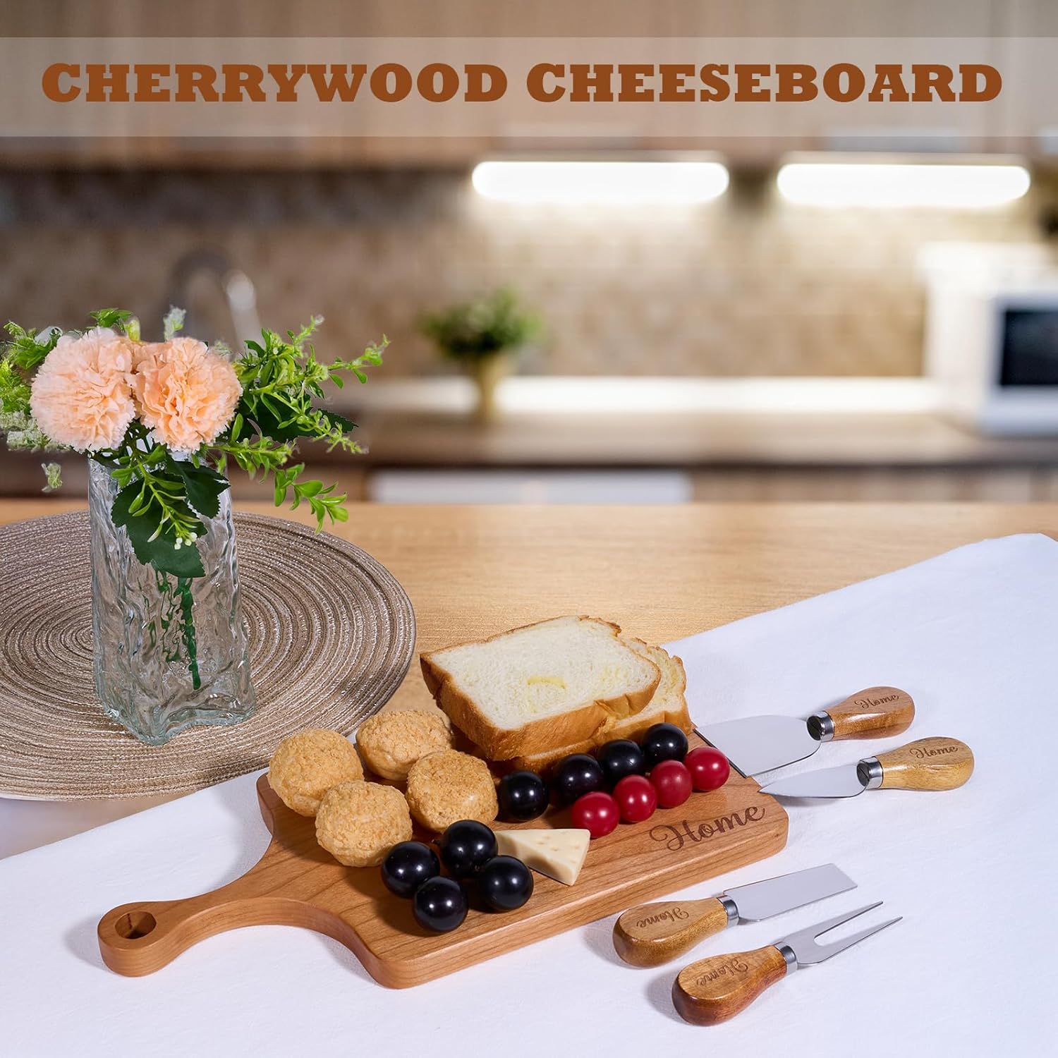 House Warming Gifts New Home Gift Ideas Cherrywood Cheese Board Set - Housewarming Closing Gifts for Home Buyers Neighbor New Apartment, Versatile Dual-Sided Charcuterie Platter