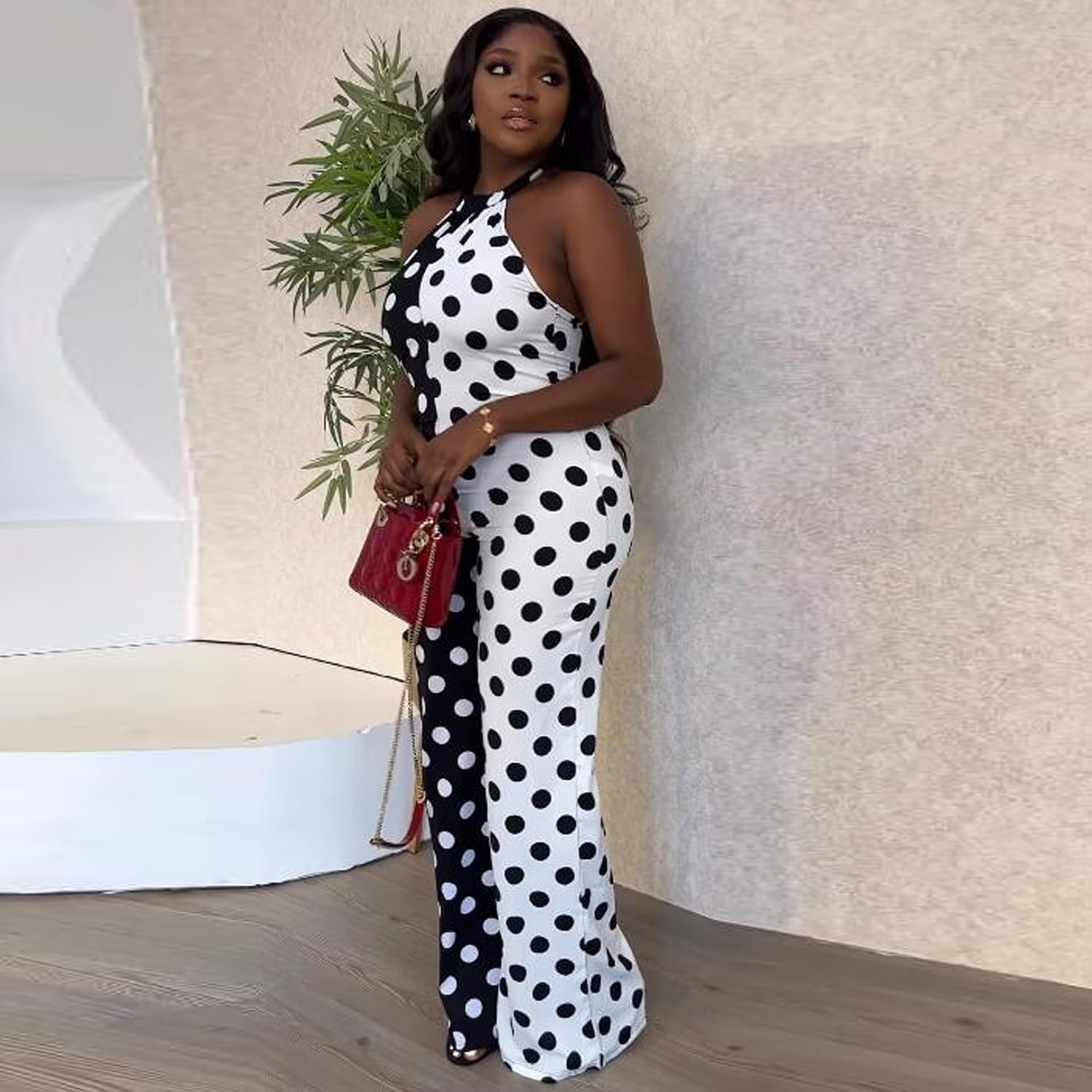 Women One Piece Outfit Black and White White Two Tone Polka Dot Halter Neck Wide Leg Jumpsuit