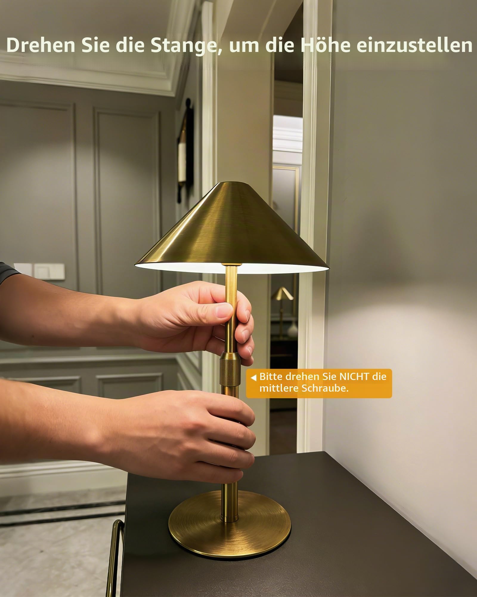 Tischlampe kabellos LED Akku Tischleuchte 2er Set aus Metall – Höhenverstellbar, IP54 Wasserfest, 3000K–6000K, USB-C aufladbar für Schlafzimmer, Balkon, Outdoor & Deko, Gold