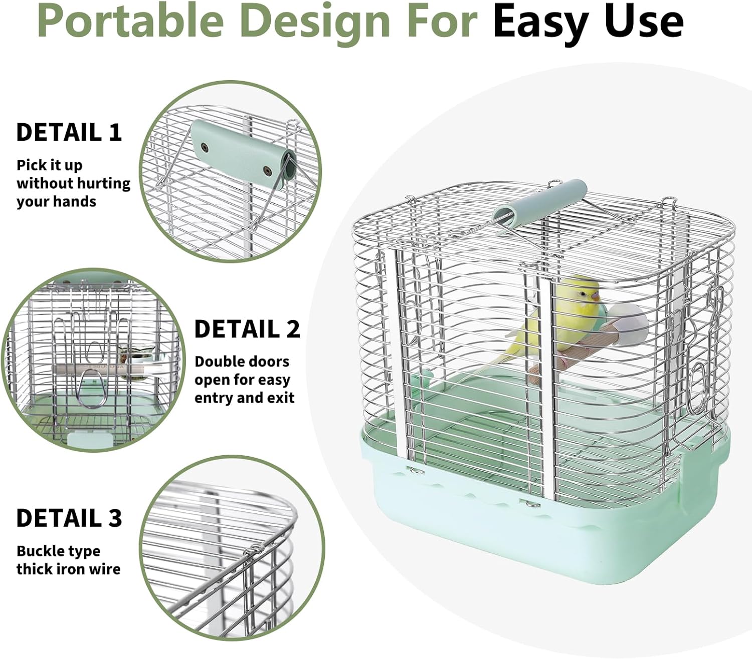 Bird Carrier Travel Cage, Durable Portable Stainless Steel Birdcage with Bird Perch & Feeding Bowl for Parrots Canaries Budgies Lovebirds Conures Cockatiels (Small Light Green)
