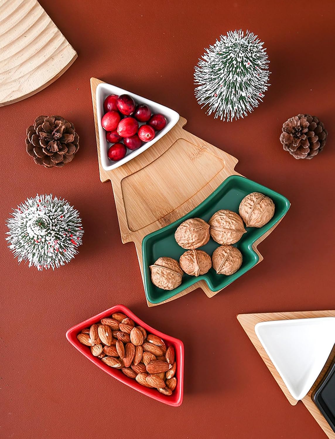 Colorful 10.8 Inches Colorful Snack Appetizer Trays Sets, Christmas Tree Dessert Serving Dishes, Snack Platter, 3 pcs Removable Porcelain Plates with Bamboo Tree Tray