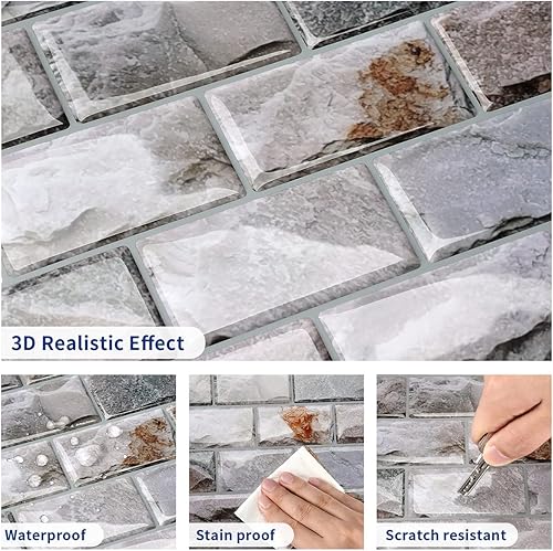 Miniatura 4 de Joqixon Despegar y pegar para cocina azulejos decorativos de piedra azulejos de cocina despegar y pegar azulejos de baño de 10 x 106 pulgadas 5 hojas