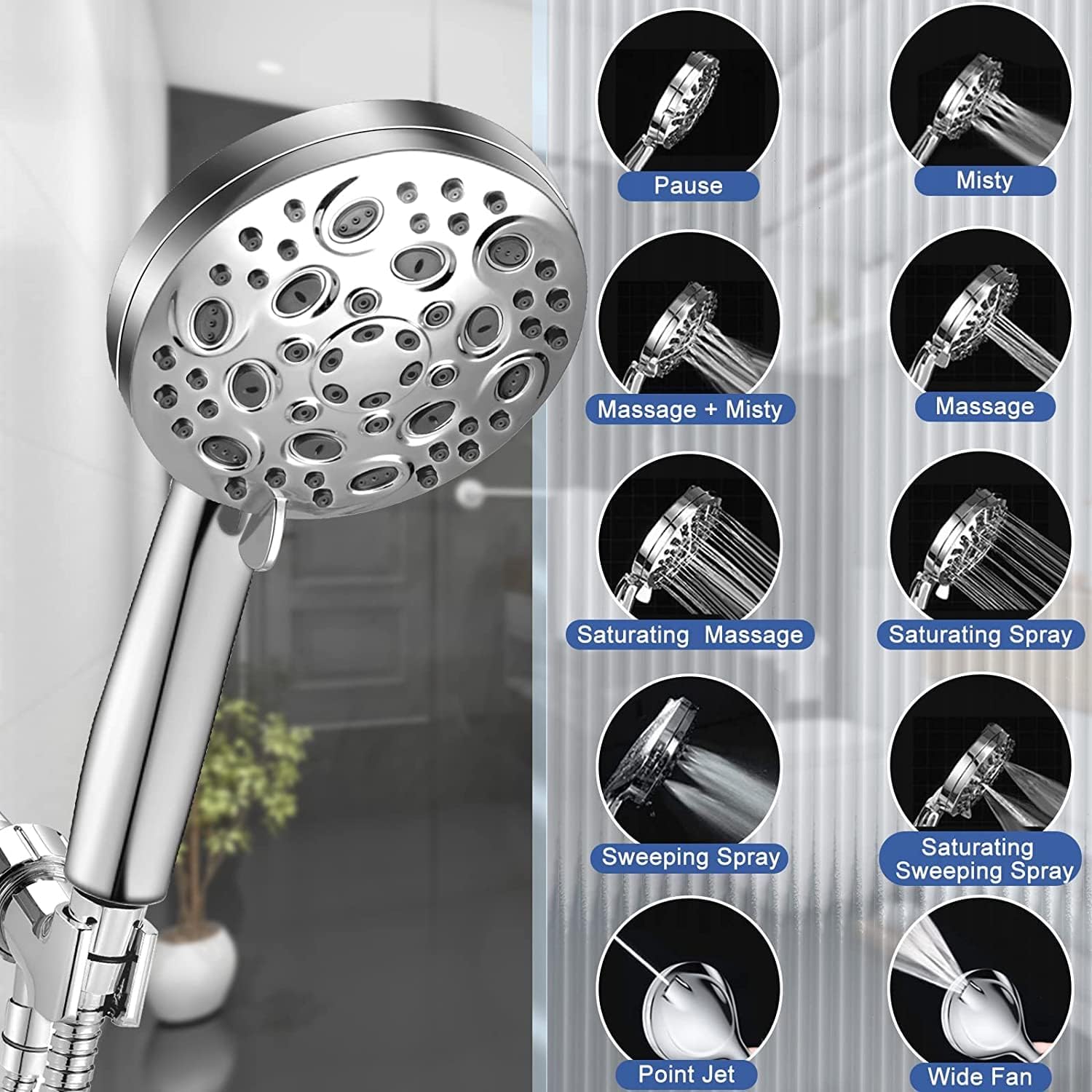 Likense Filtered Shower Head with Handheld, 10-Mode High Pressure Detachable Shower head with 60’’ Hose,Bracket, Minerals Stones Replacement Filters for Hard Water Remove Harmful Substances