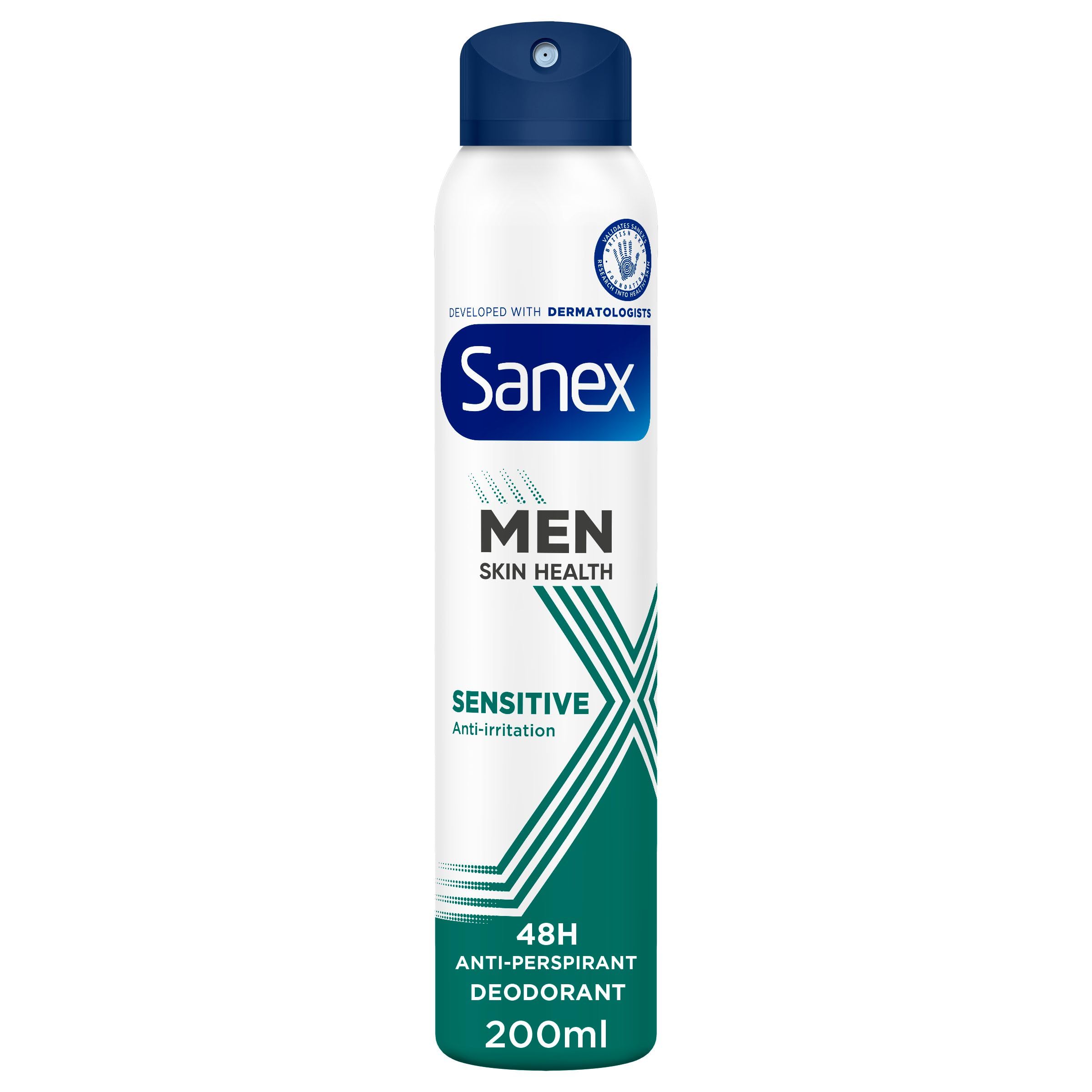 Men Sensitive Antiperspirant Deodorant Spray 200ml, anti-irritation formula, hypoallergenic formula, 48 hour sweat and odour protection, gentle on skin, developed with dermatologists