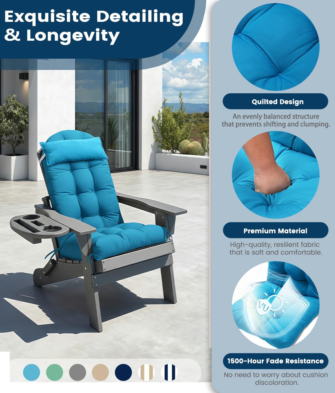 FOOWIN Adirondack Chair Cushion Set of 4, Thickened Rocking Chair Cushion,48.5×20.8×5.22 Inches,High Back Patio Cushions with Ties, Waterproof & UV-Protected, for Indoor and Outdoor,Lake Blue