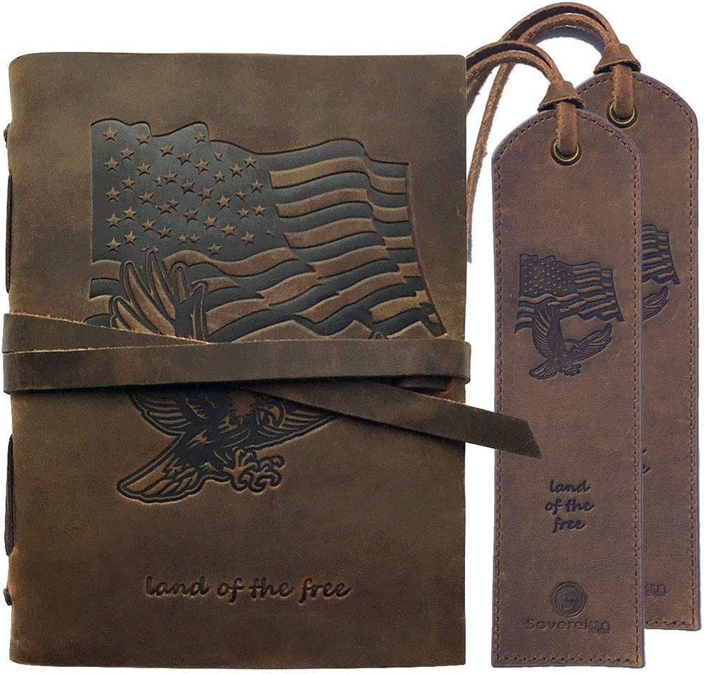 Leather Bound Journal for Men and Women, Handmade Patriotic Gift Set with USA Flag Embossed Journal and Matching Eagle Bookmarks with Stylish Pen, Notebook, Sketchbook and Planner (300 Pages) (8x6")