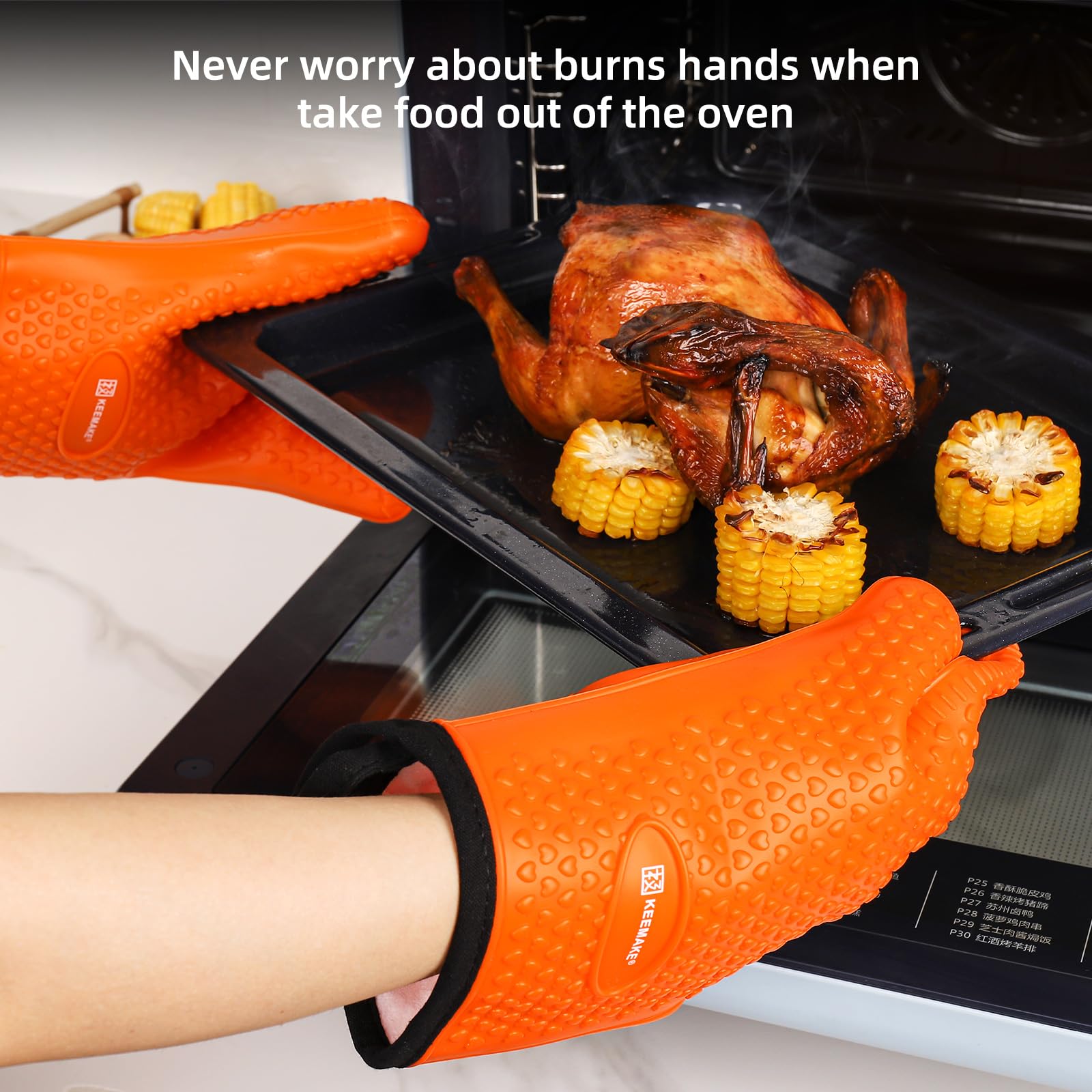 KEEMAKE Silicone Oven Mitts – Heat Resistant 500°F, Waterproof, Non-Slip, 5-Finger Gloves With Cotton Lining & 2 Sticky Hangers (Blue)
