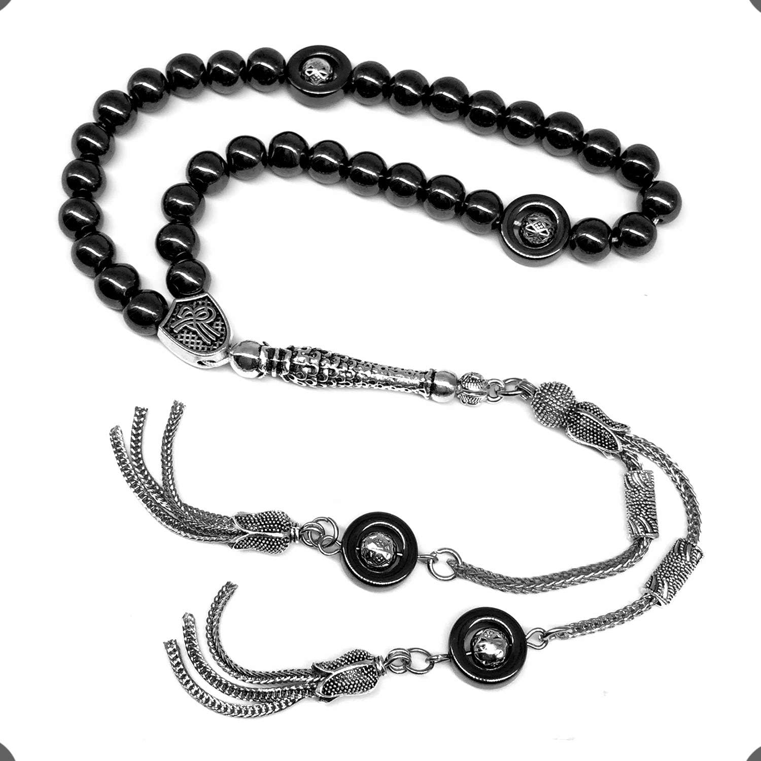 Design - Long & Stylist Tassels Worry Beads - Prayer Beads (8 mm-33 Beads) Tesbih-Tasbih-Tasbeeh-Misbaha-Subha-Sebha-Sibha-Rosary (Black Hematite - Silver Plated)