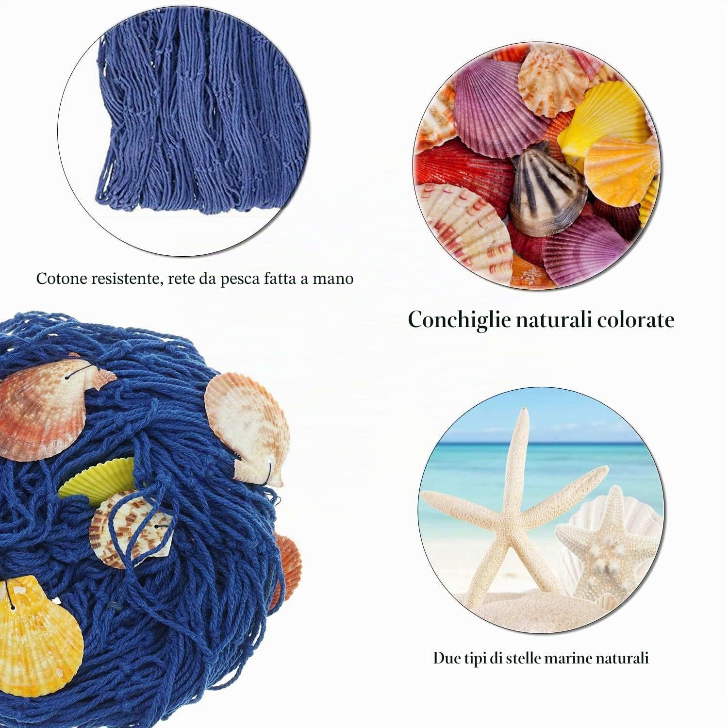 Natura rete da pesca decorazione murale fotografica con conchiglie di mare e 10 pezzi stelle marine naturali. Rete a tema oceanico festa in spiaggia (Blu)