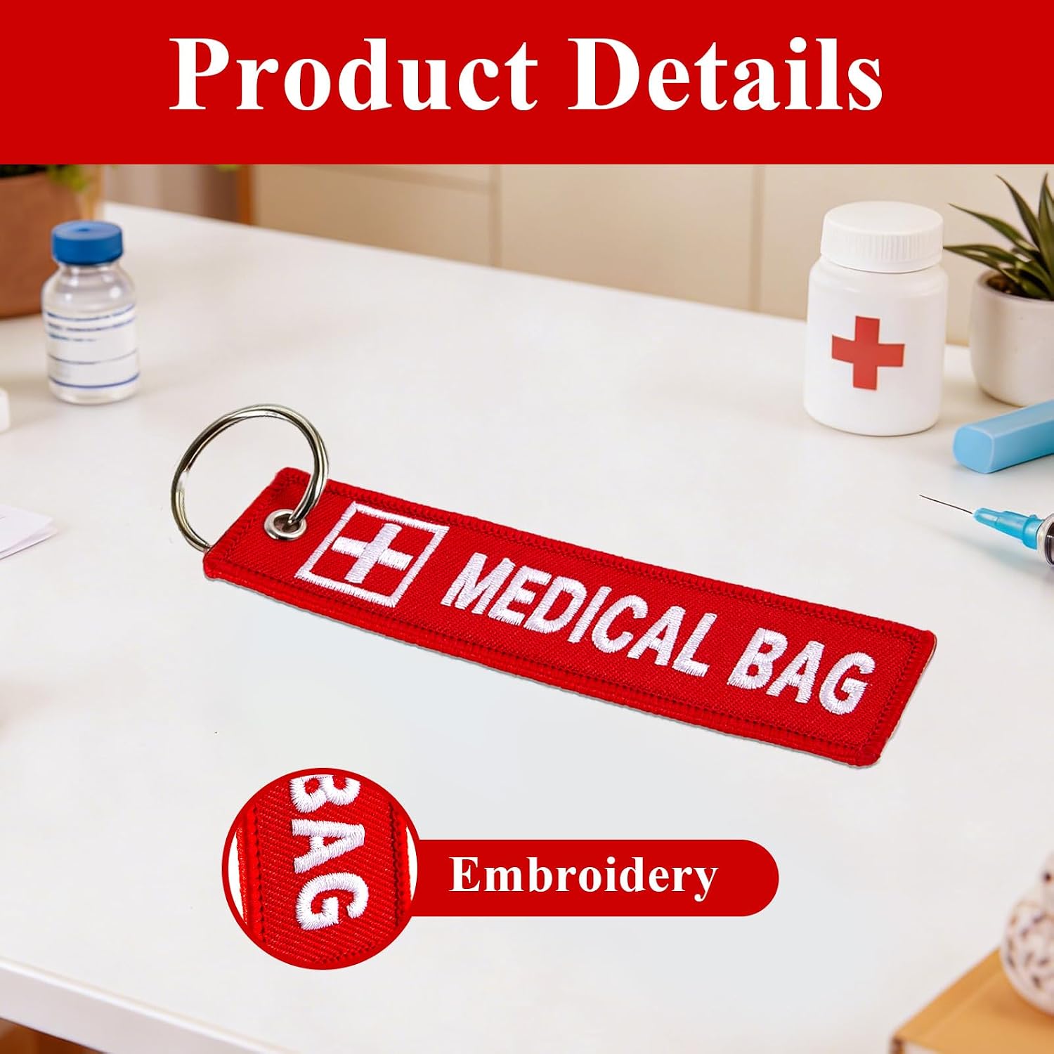 6-Pack Red Medical ID Luggage Tags, Double-Sided Embroidered Medical Alert Tags with Keychain for Suitcases, Backpacks, First Aid Kits and Travel Bags