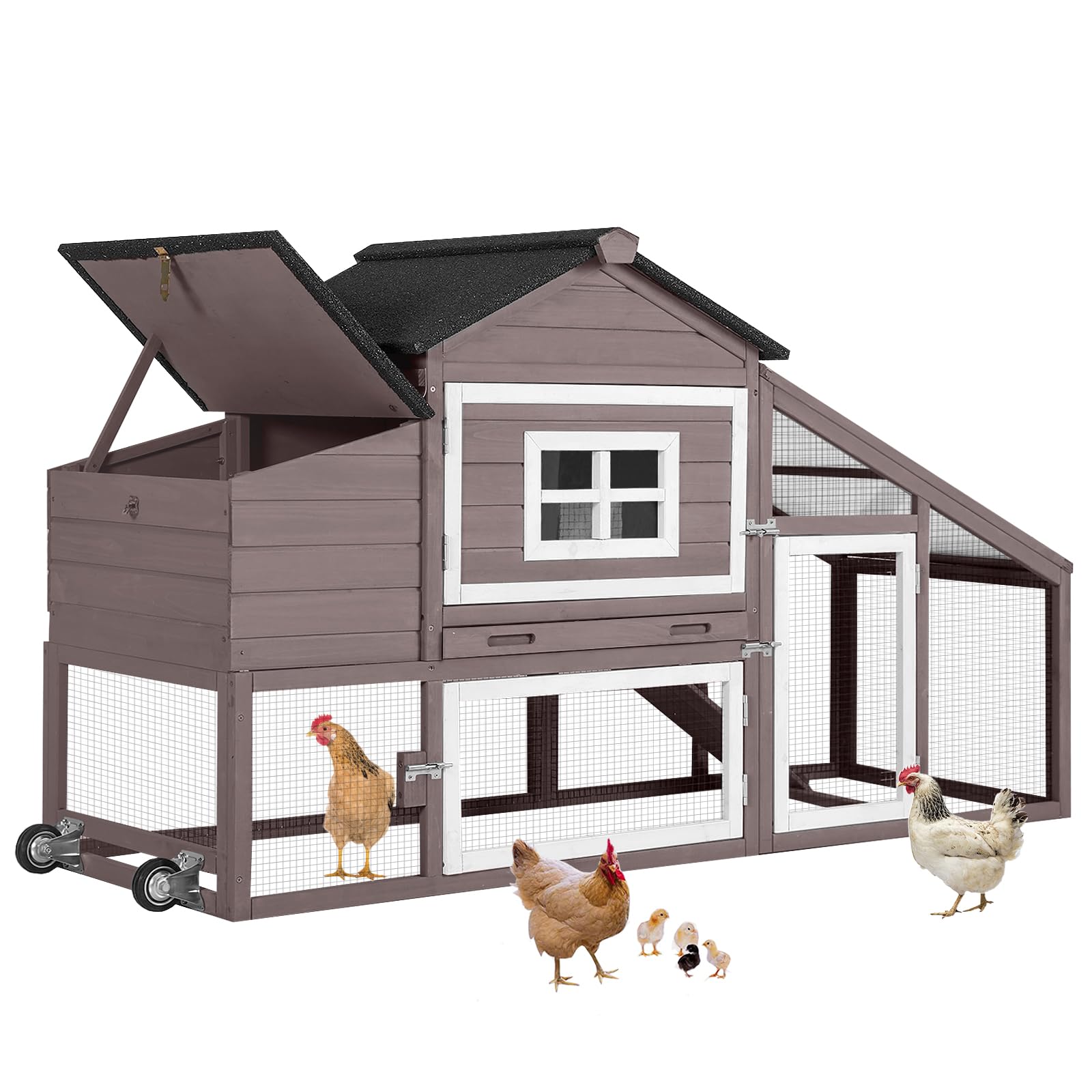 Aivituvin Chicken Coop Outdoor with Wheels, Mobile Hen House Wooden Poultry Cage with Run & Waterproof Roof (Grey with White)