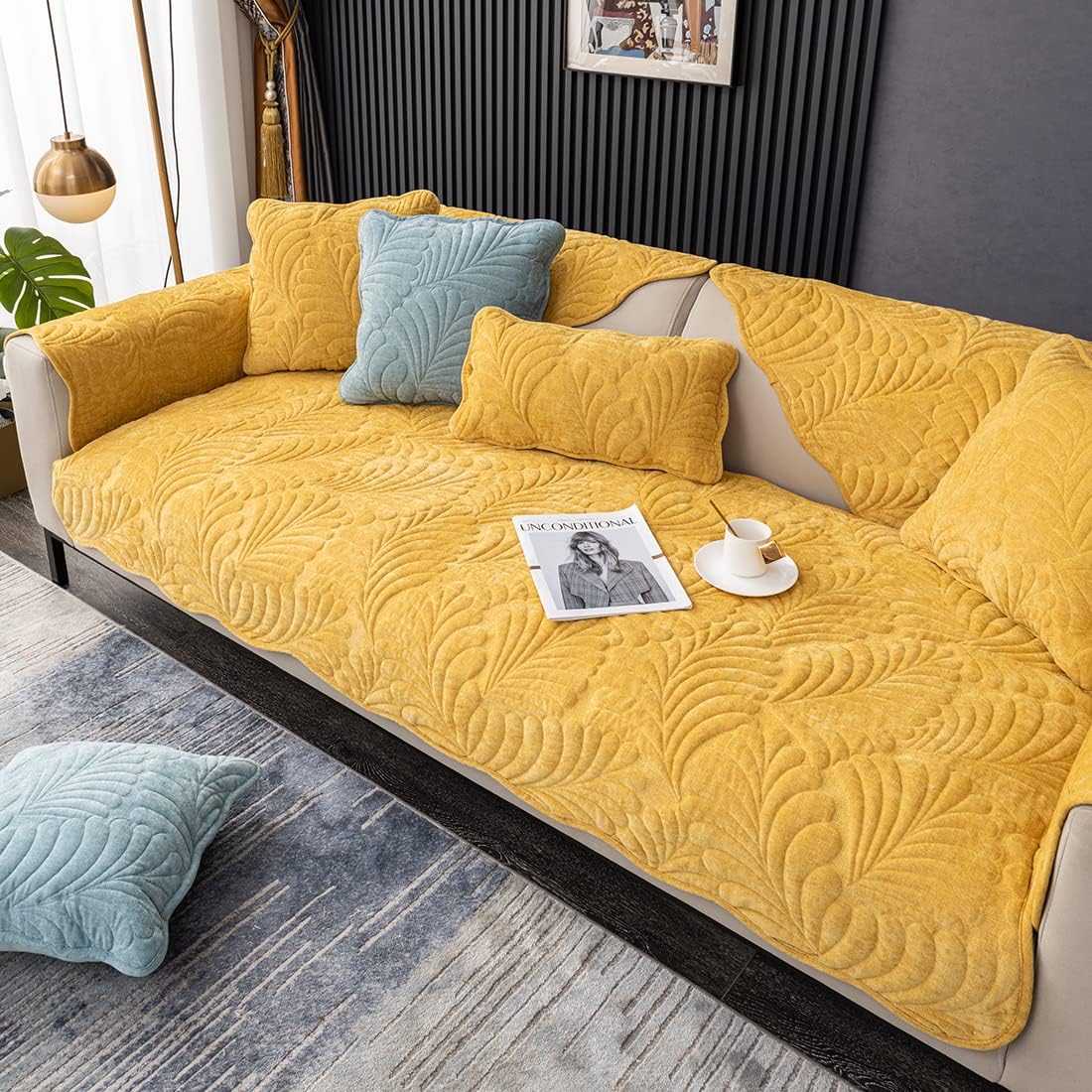 vctops Chenille Leaf Quilted Sofa Couch Cover Scalloped Edge Sectional Couch Cover Super Soft Non Slip Sofa Slipcover Furniture Protector for Pets Kids Children Dog Cat (Yellow,36"x82")