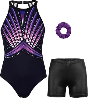 Gymnastics Leotards for Girls With Shorts Clasp Back Activewear | Stretchy breathable fabric,sparkly Diamonds&prints,matching Shorts&Hair tie for girls dance/ballet, machine wash,4-13Years