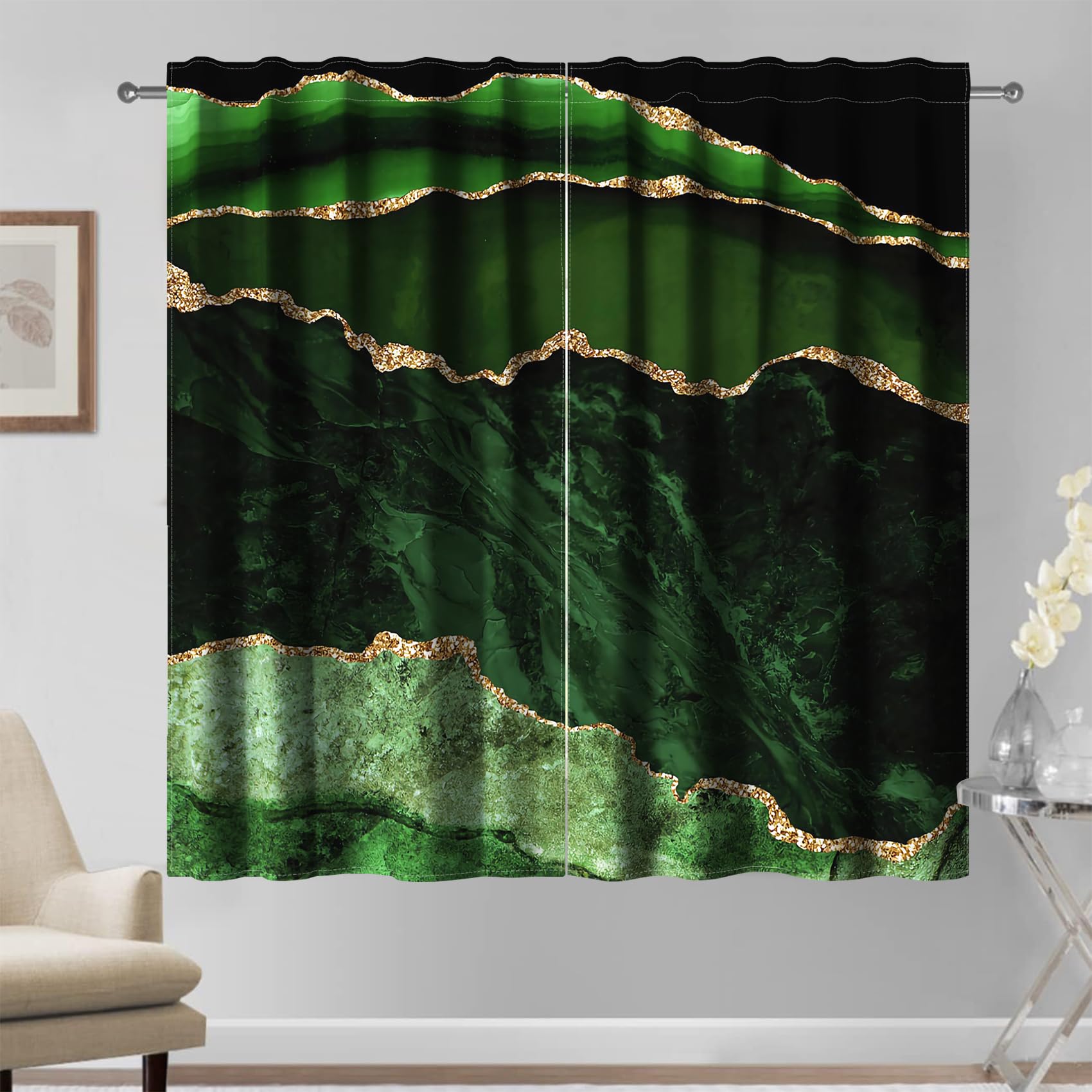 Kzzfqxb Green Marble Curtain Green Hill Bordered With Gold Borders Marble Texture Modern Luxury Living Room 117×229cm 2 Panels Drapes, Modern Abstract Wave — image 1