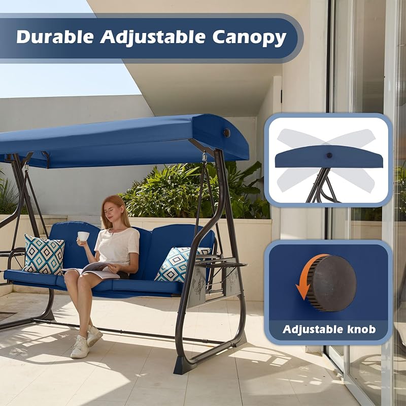 ZZW 3-Seat Patio Porch Swing 800LBS Outdoor Swing with Stand w/Canopy & Adjustable Backrest Patio Glider Chair w/Removable Pillows & Foldable Side Tray for Balcony Garden Deck (Blue) image 3