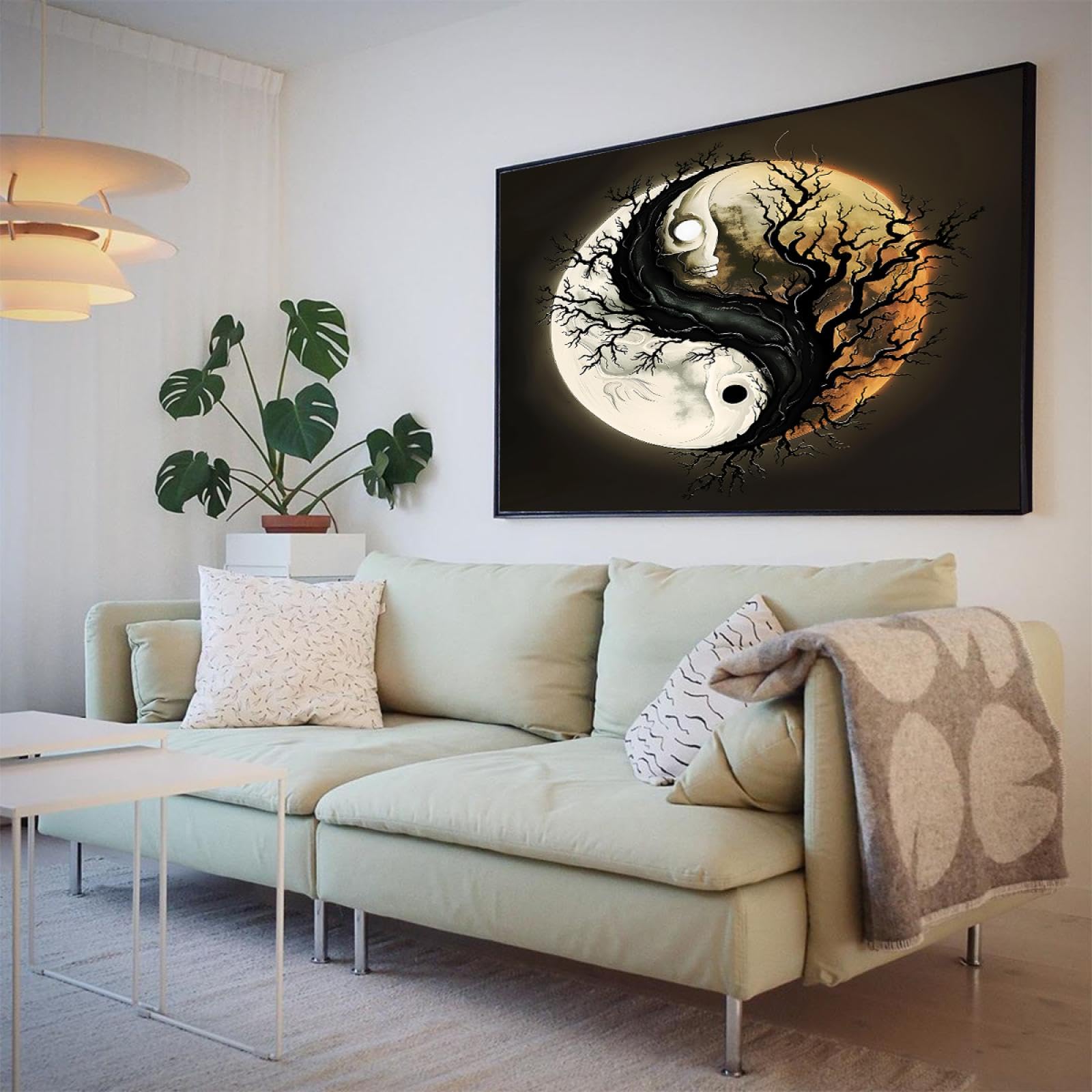 Via Vela Thème Halloween impression sur toile art mural rétro Yin Yang thème arbre mort crâne fantôme modèle affiche peinture image œuvre d’art pour bar décor intérieure 66x102cm avec-cadre-noir
