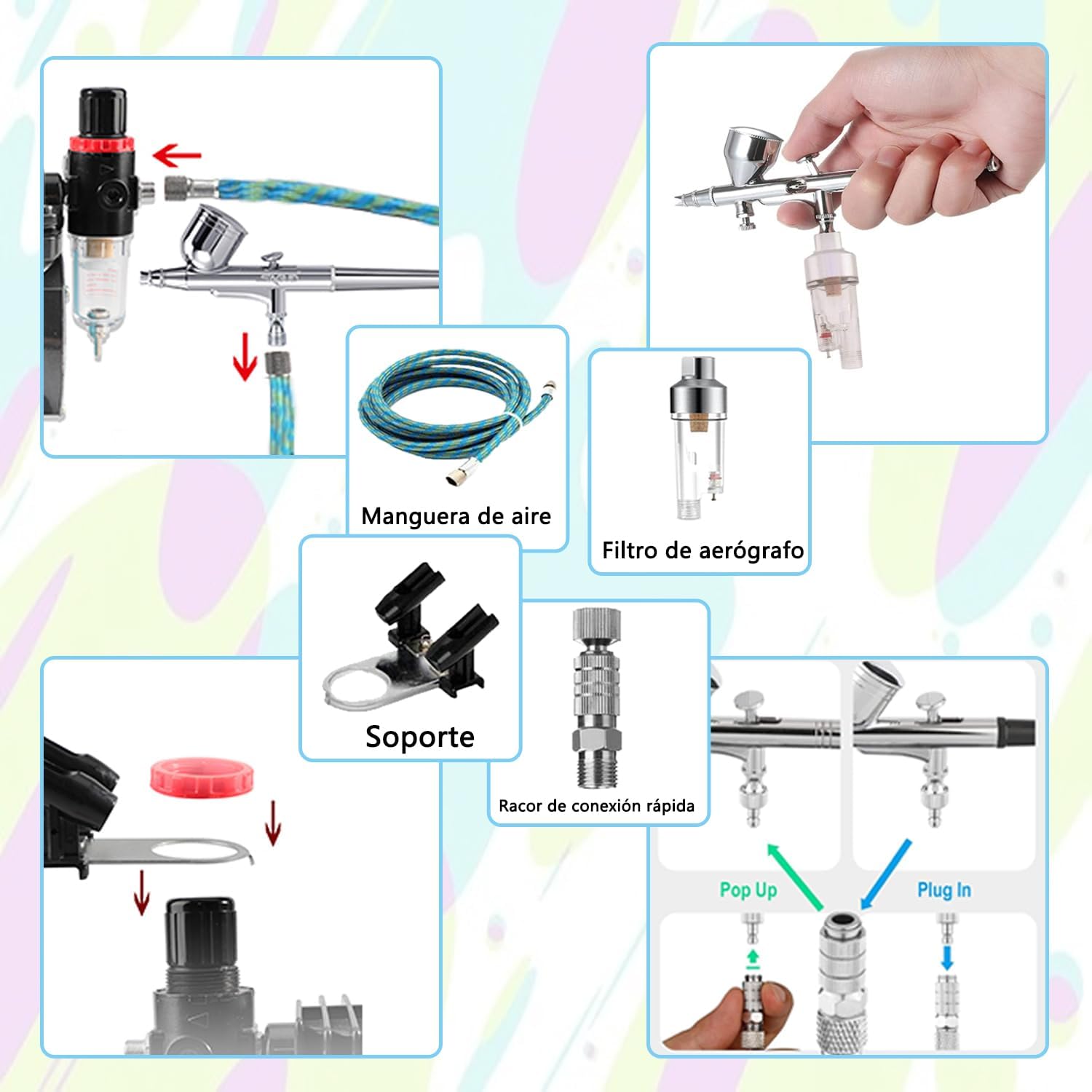 Abest - Kit compressore aerografo professionale completo, sistema per aerografia con 2 aerografi multiuso: doppia azione Gravity ;mm a singola azione Siphon feed, con sistema di raffreddamento