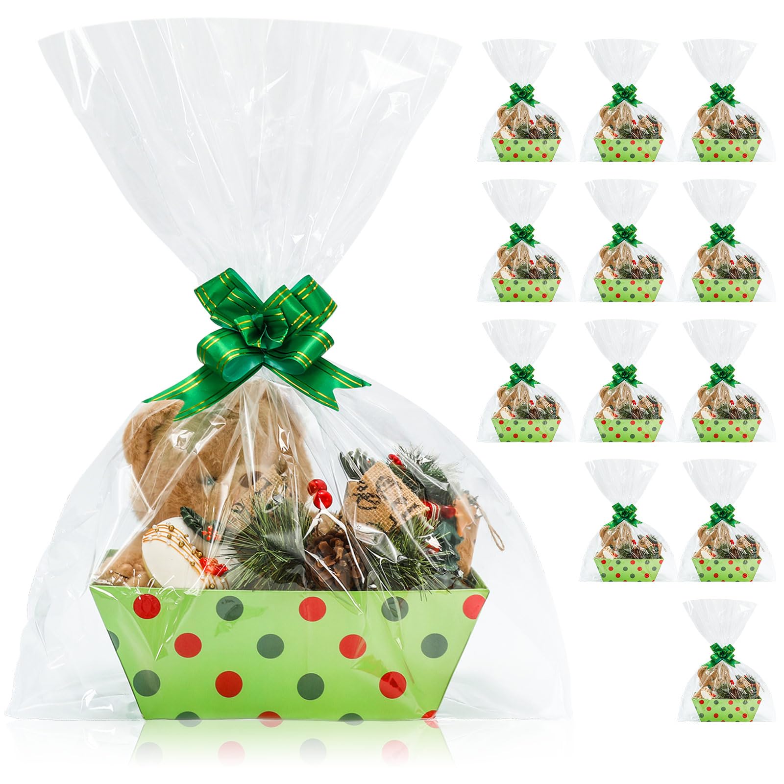 JarThenaAMCS 12 Pack Christmas Basket for Gifts Empty with Cellophane Bag & Ribbon Bow Green Red Dot Paper Gift Wrapping Basket for Xmas Party