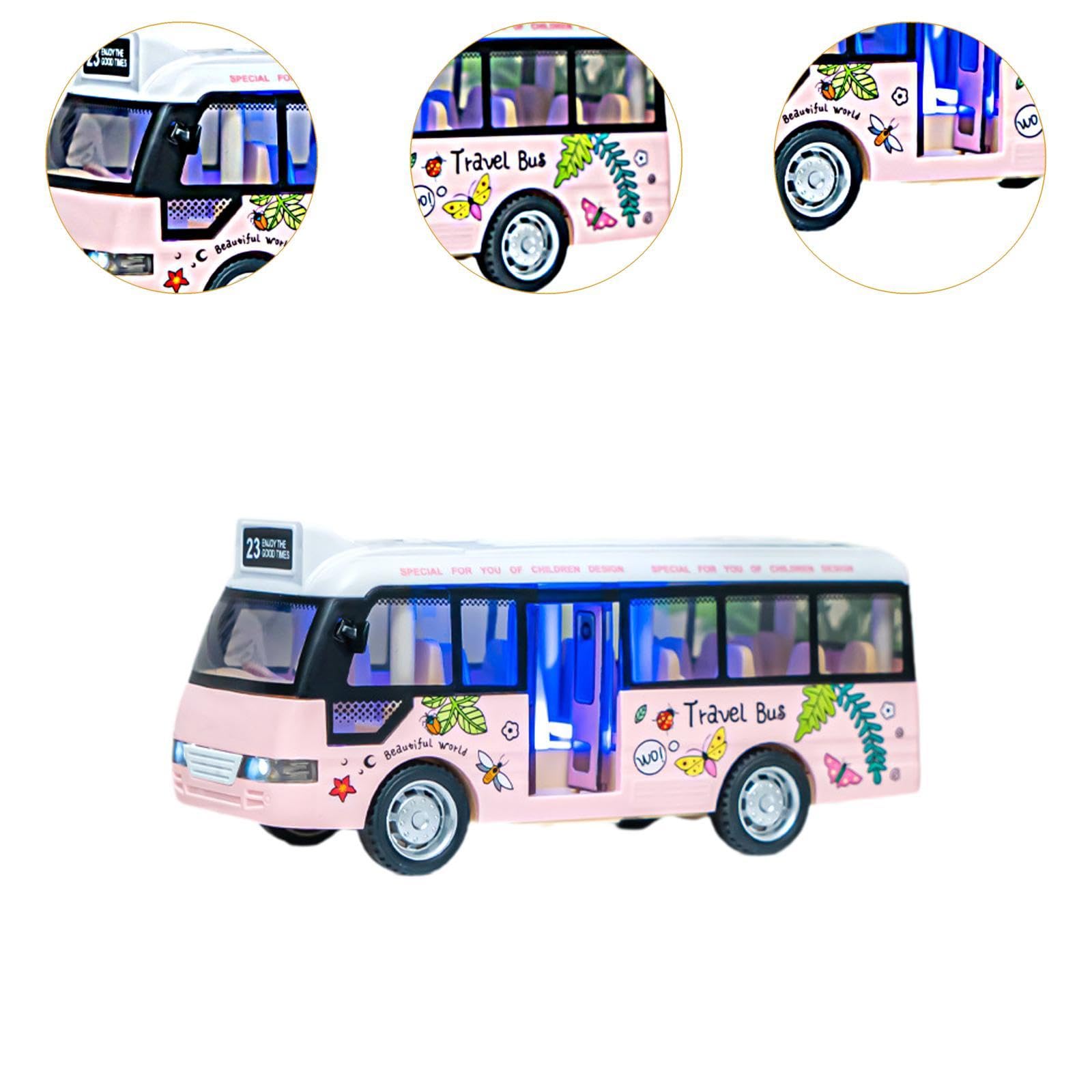 Autobús Urbano De Juguete Con Sonidos Y Luces – Modelo De Inercia Con Puertas Abatibles, Educativo Y Realista, 15 Cm, Rosa