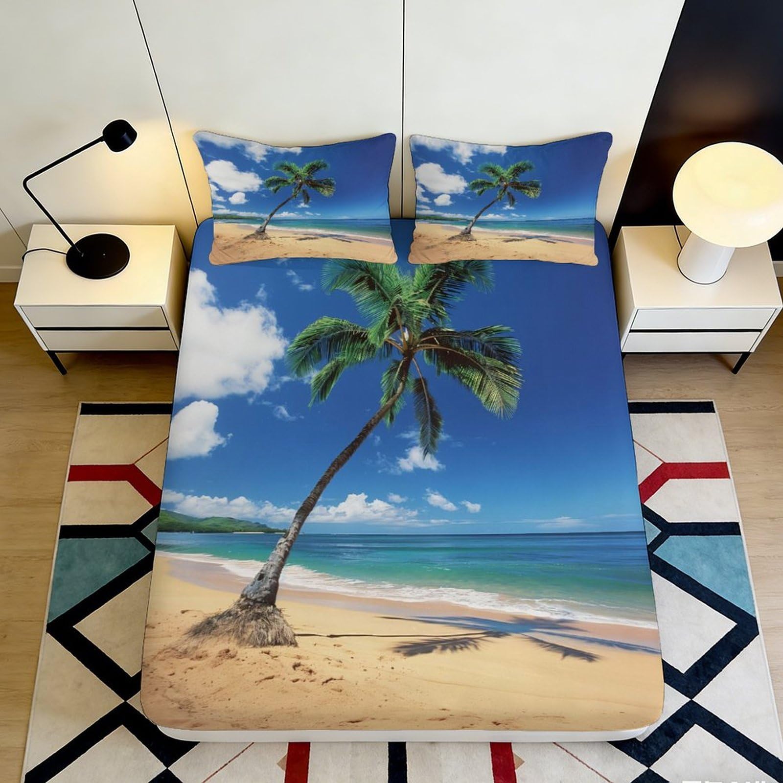 3D Printed Tropical Beach Palm Tree Fitted Sheet Microfiber Soft Breathable Coastal Scene Bed Cover for Bedroom Dormitory Guest Room Mattress Protection Decor 120x200x25cm
