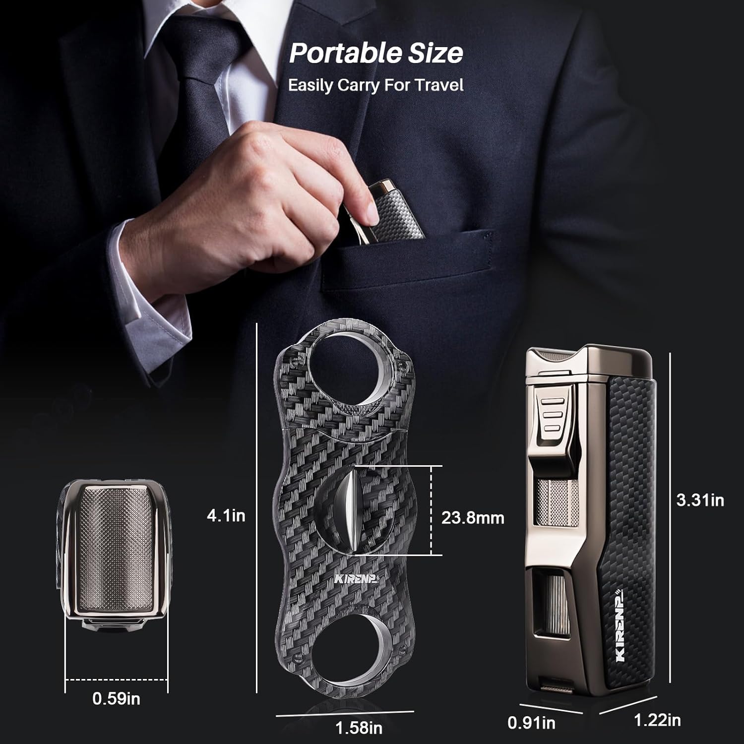 All-in-one Cigar Lighter with V Cigar Cutter, Built-in Cigar Punch, Cigar Holder, Quad Windproof Jet Flame, 4 in 1 Refillable Torch Lighter Set with Gift Box, Cool lighters for Smoking, Birthday