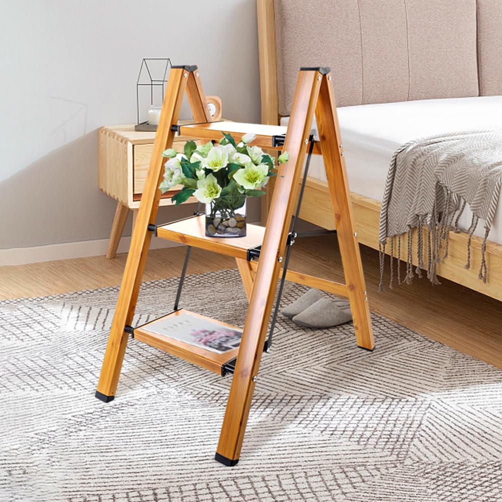 Baoyouni - Scaletta a 3 gradini in alluminio leggero, pieghevole, portatile, con gradini antiscivolo e ampie piattaforme, capacità di 150 kg (330 libbre), per cucina, giardino, casa, ufficio - Nero +
