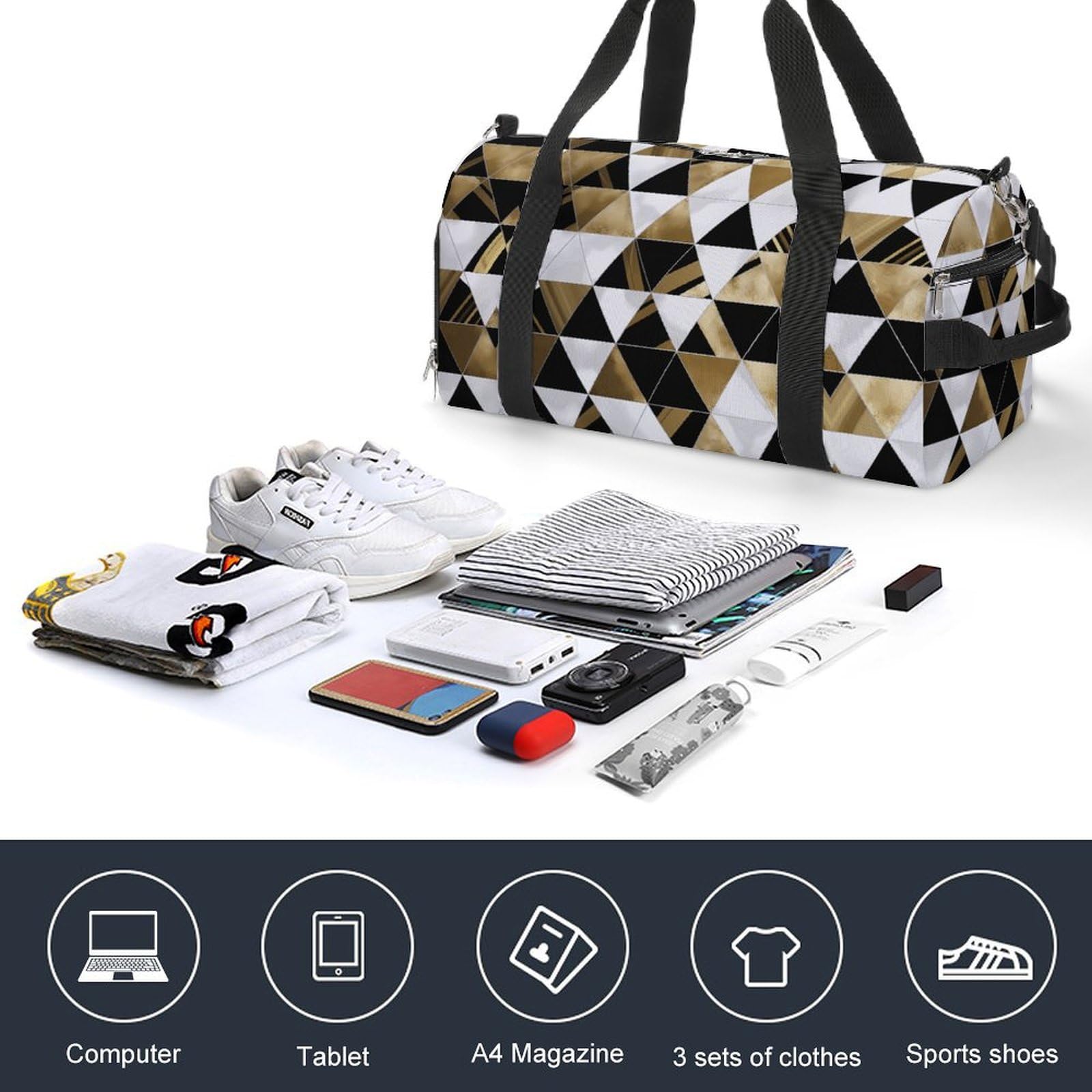 Turnbeutel Mode Modern Schwarz Weiß Gold Dreiecke Turnbeutel für Damen Herren Rucksack Turnbeutel mit Schuhfach Wiederverwendbar Turnbeutel Mini Turnbeutel Mode Modern Schwarz Weiß Gold Dreiecke