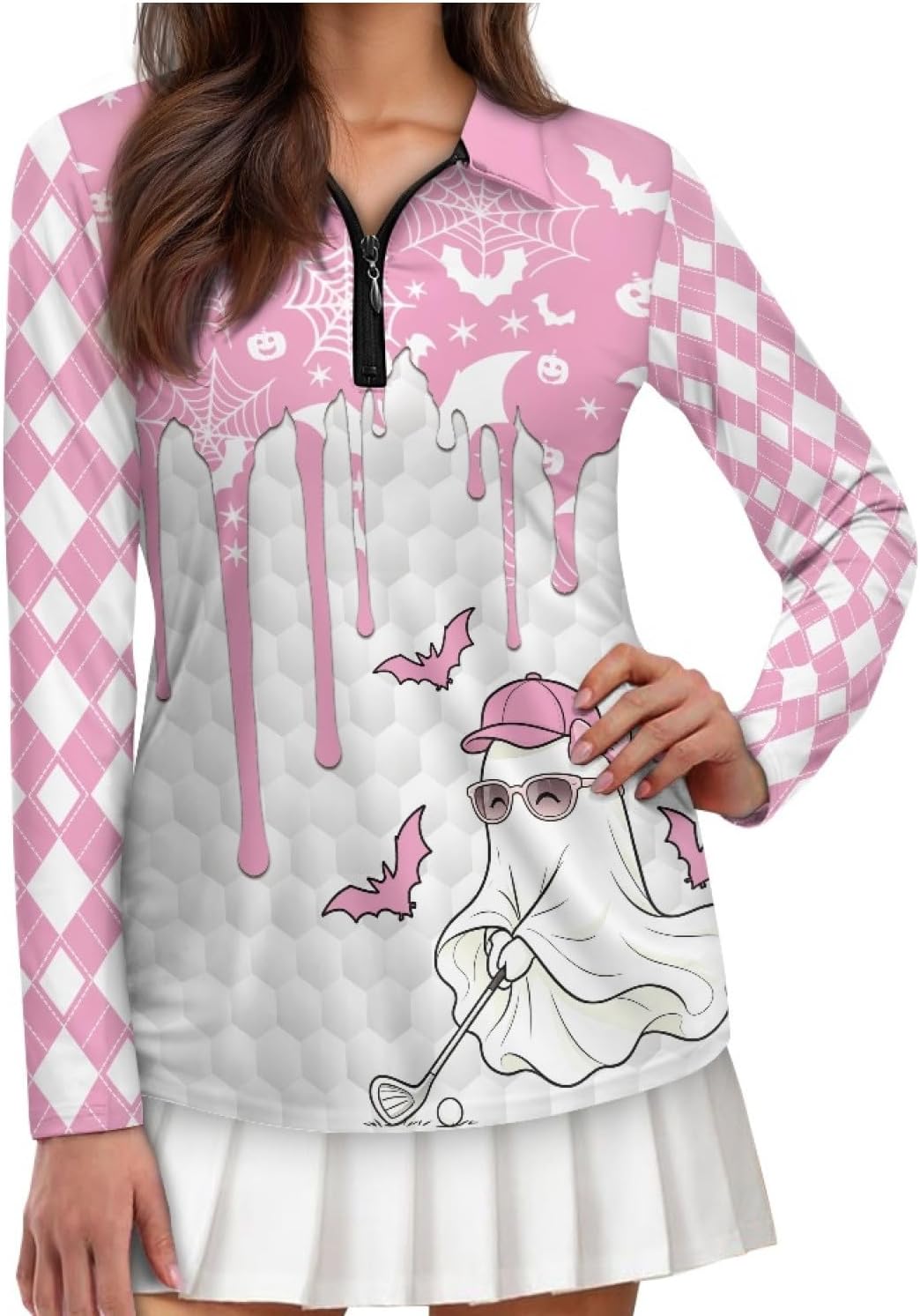 Golf Shirts for Women Long Sleeve Zip Up V-Neck Golf Tennis Shirt Womens Pullover Tops