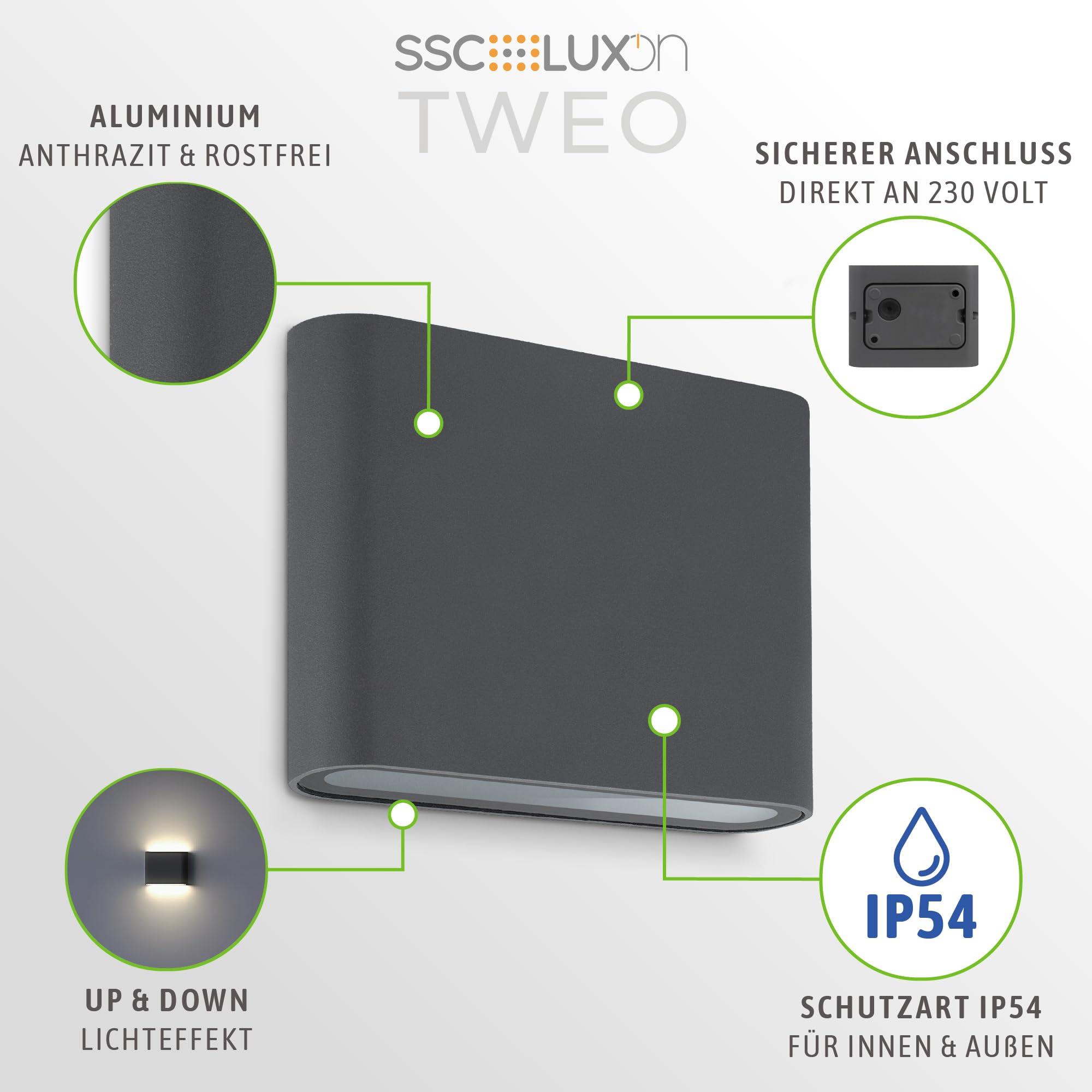 SSC-LUXon 3x TWEO Wandlampe Up and Down Lampe für Außen & Innen IP54 - Außenleuchte Wand LED anthrazit warmweißes Licht 230V
