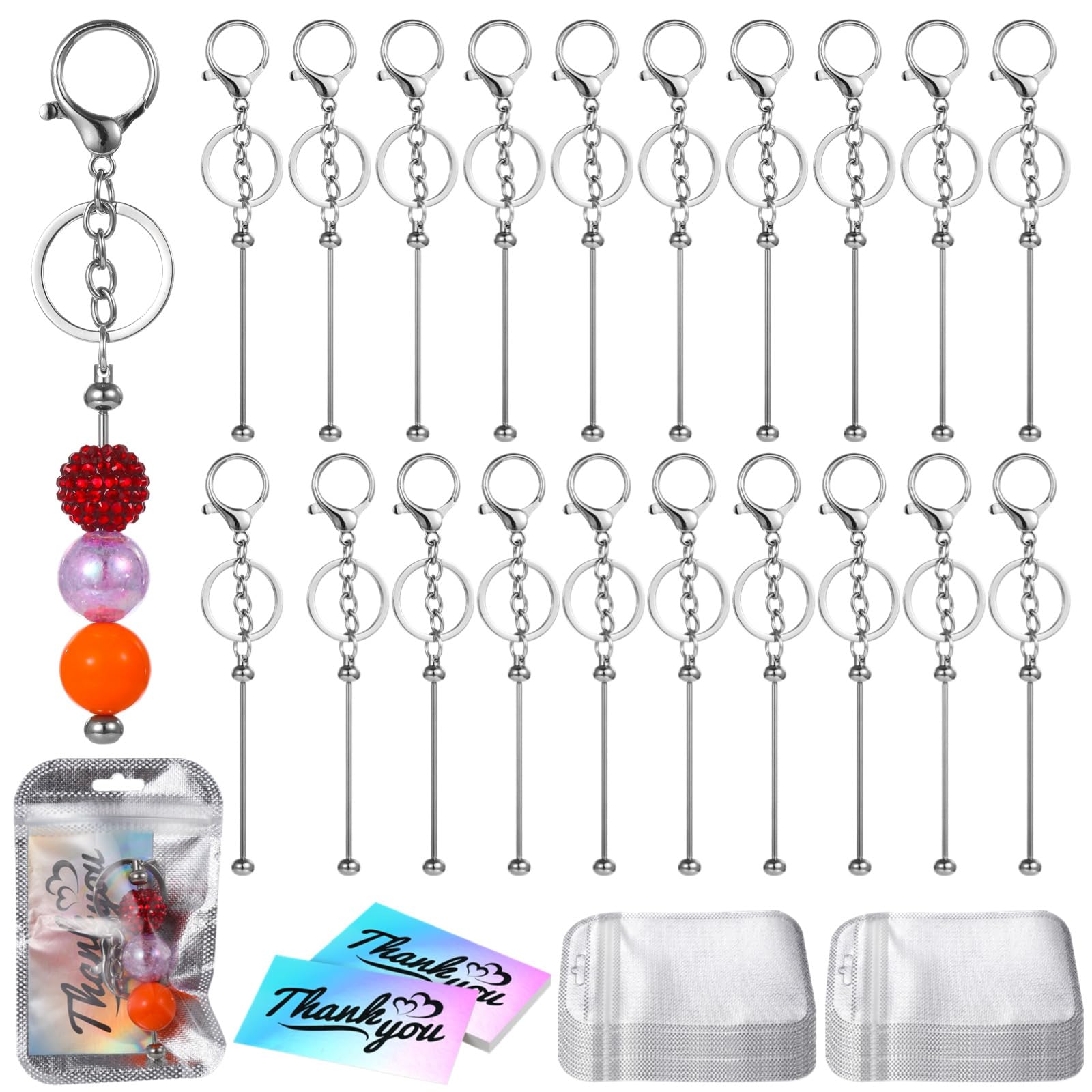 Lnrueg 90 Pcs Beadable Keychain Bars Set 20 Beaded Keychain with 50 Resealable Pouches Bag & 20 Thank You Cards, Metal Keychains for Beads, DIY Crafts