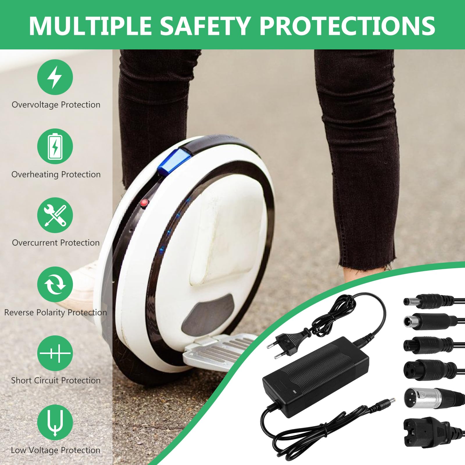 Chargeur 42V 2A Pour Trottinette électrique – 6 Connecteurs, Compatibilité Universelle, Voyant LED