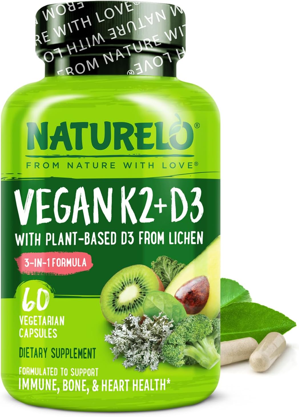 Vegan K2+D3 - Plant Based D3 from Lichen - Natural D3 Supplement for Immune System, Bone Support, Joint Health - Whole Food - Vegan - Non-GMO - Gluten Free - 60 Capsules