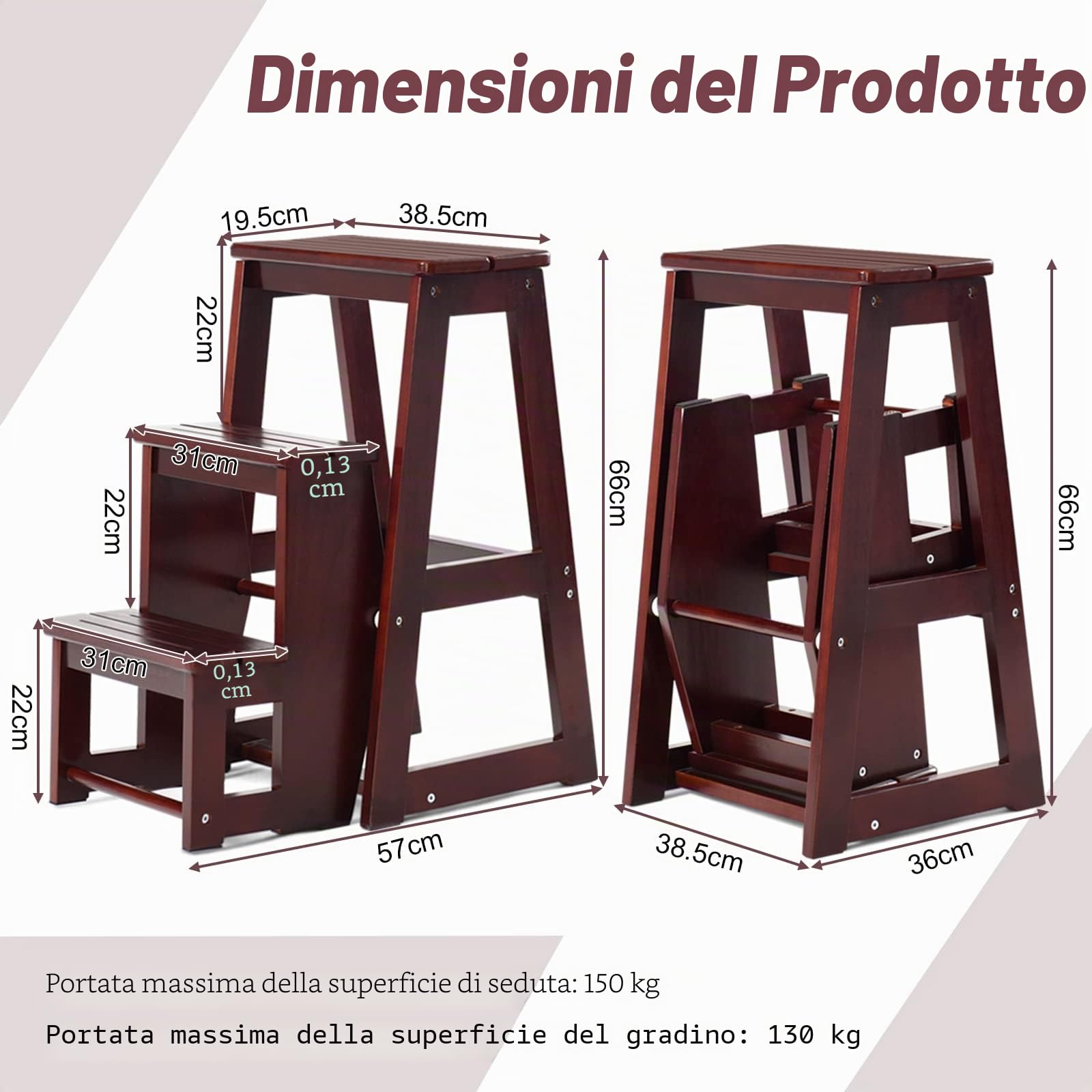 GIANTEX 2 in 1 Scaletta e Sgabello Legno, Sgabello Scala Pieghevole, a 3 Gradini, Portata di 150 kg, Richiudibile e Salvaspazio, Ideale per Soggiorno/Studio/Ufficio, 38,5x57x66 cm, 2 Colori