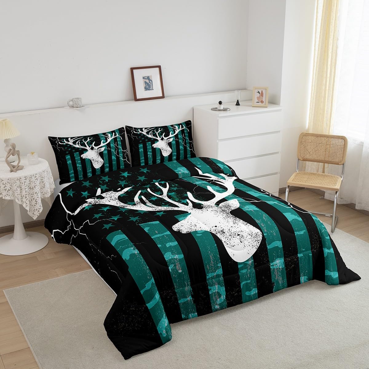 Manfei Camo American Flag Comforter Set Queen Size 3 Pcs,Teal Camouflage USA Flag Bedding Set,Rustic Deer Antler Wild Animal Hunting Quilt Set for Young Adults,Retro Teal Duvet Insert,2 Pillowcases