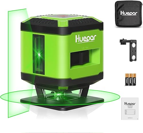 Miniatura 8 de Nivel láser de línea cruzada con 2 puntos de plomada, ángulo de ventilador de haz láser verde profesional Huepar 8211G de líneas verticales y