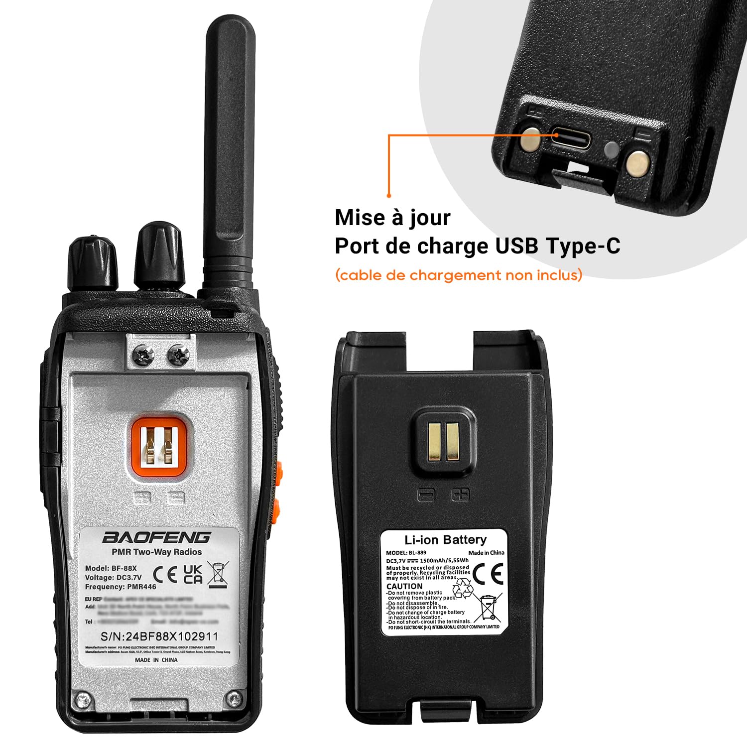 Talkie Walkie Professionnel BF-88X, Radio Bidirectionnelle 16 Canaux Longue Portée avec Chargeur USB, Noir (1 Paire)