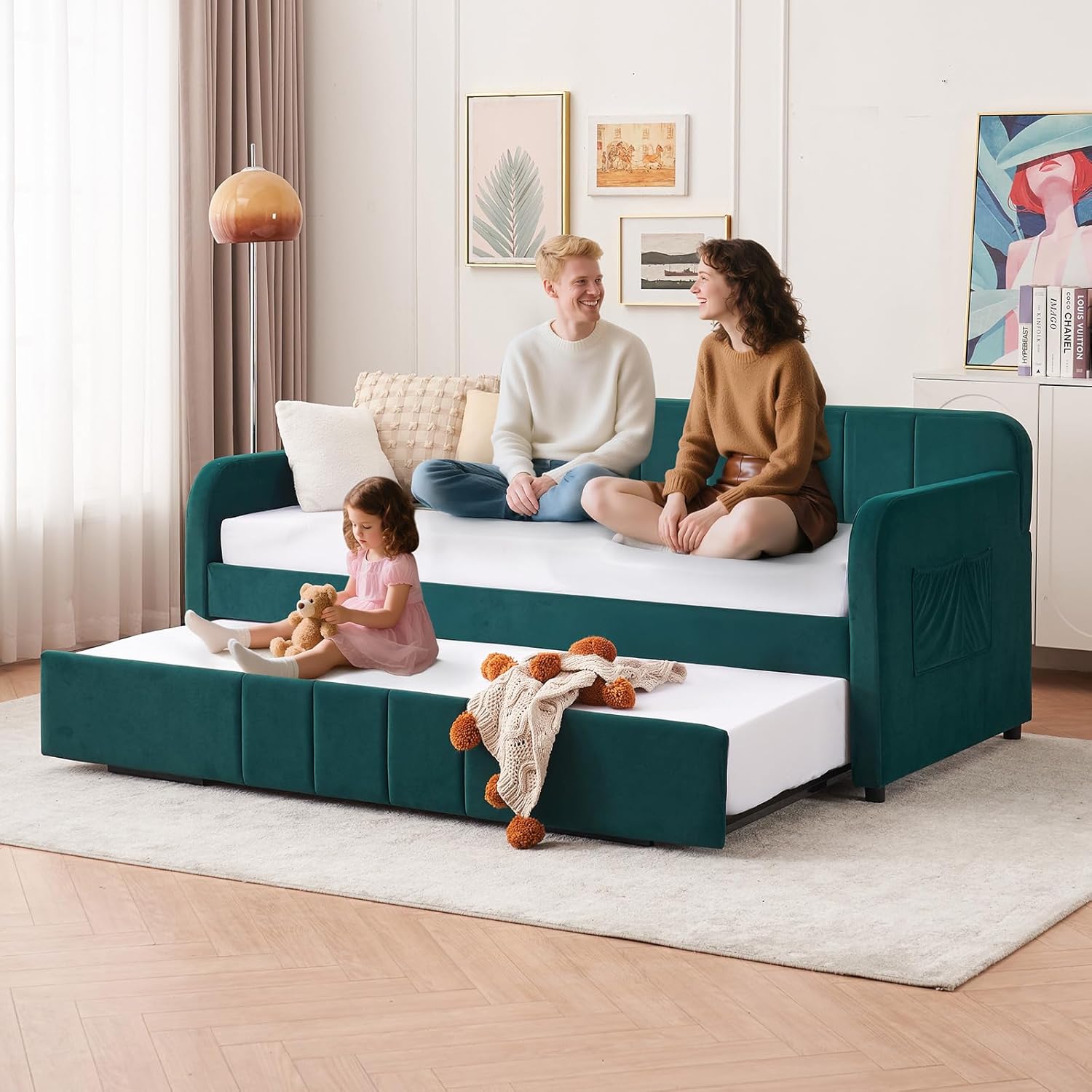 Twin to King Daybed with Pop Up Trundle, Velvet Upholstered Daybed Frame with USB Charging & Wood Slats, Modern Sleeper Sofa Bed for Adult Kid Room Bedroom Guest Room, No Box Spring Needed, Emerald