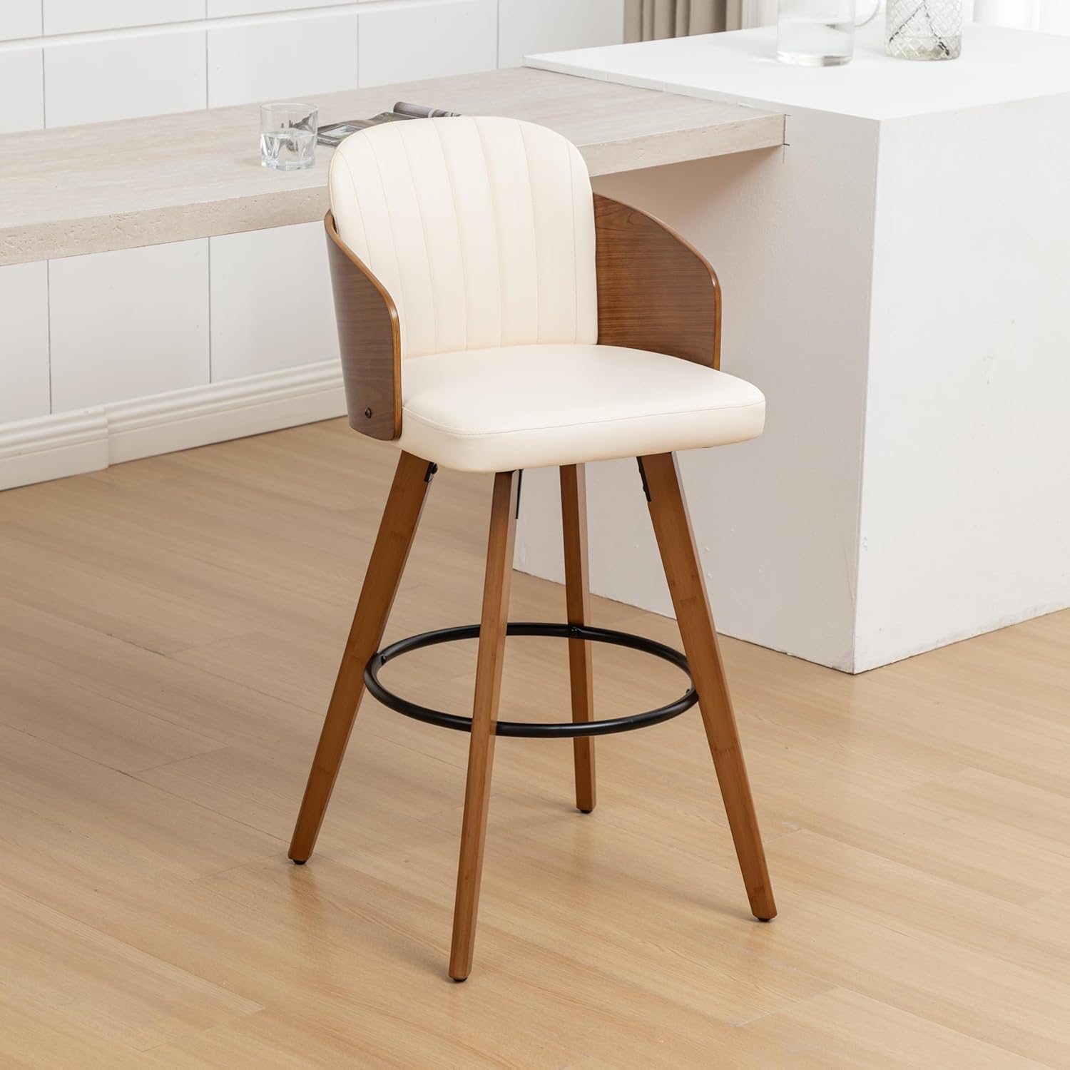 Counter Height Bar Stools Single 1, Swivel Bar Stools with Back and Arms Leather Barstools Upholstered Mid Century Counter Stools for Kitchen Island, 26 Inch Beige