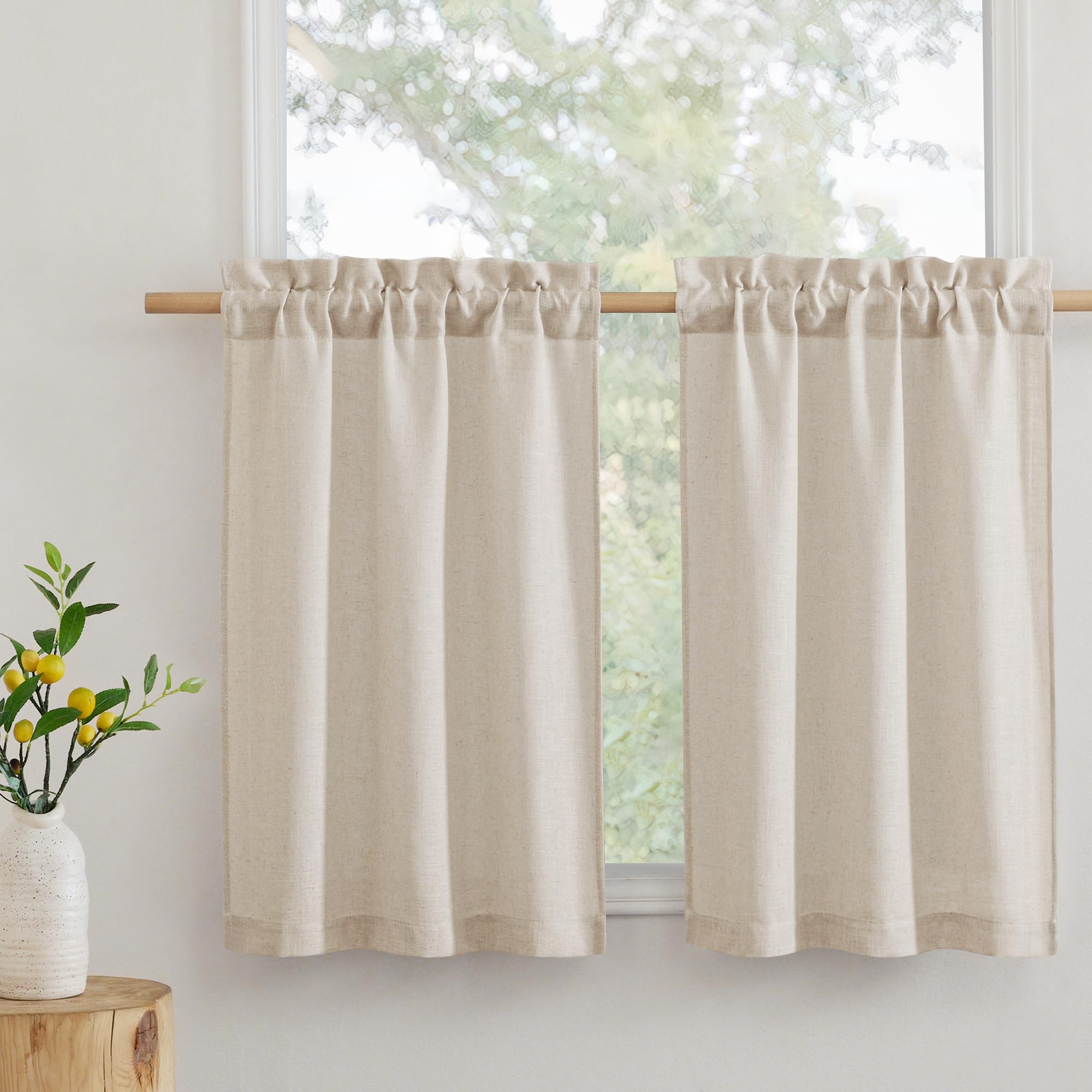 RYB HOME Kitchen Curtains, 30 inches Long Linen Rod Pocket Semi Sheer Cuartins for Basemnet Cafe, Light Filtering Bathroom Curtains Over Sink, W 26 x L 30, Beige, 2 Panels Set
