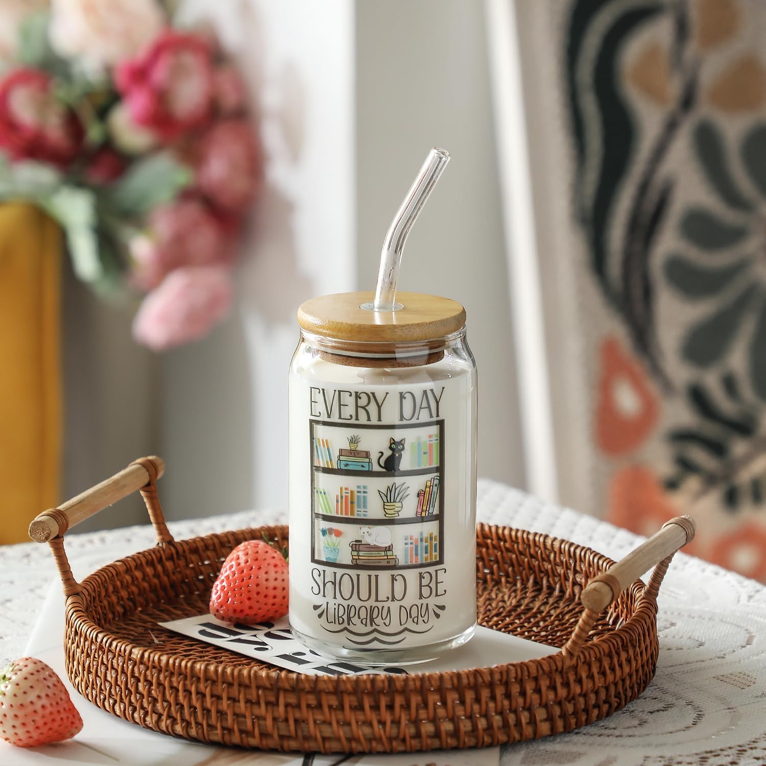 Christmas Book Lovers Gifts for Women,16oz Books Iced Coffee Glass Cups with Lids and Straws, Reading Bookish Reader Lover Themed Gift, Bookworm Gift for Friends, Teacher ,Librarian Who Love Book - Image 4