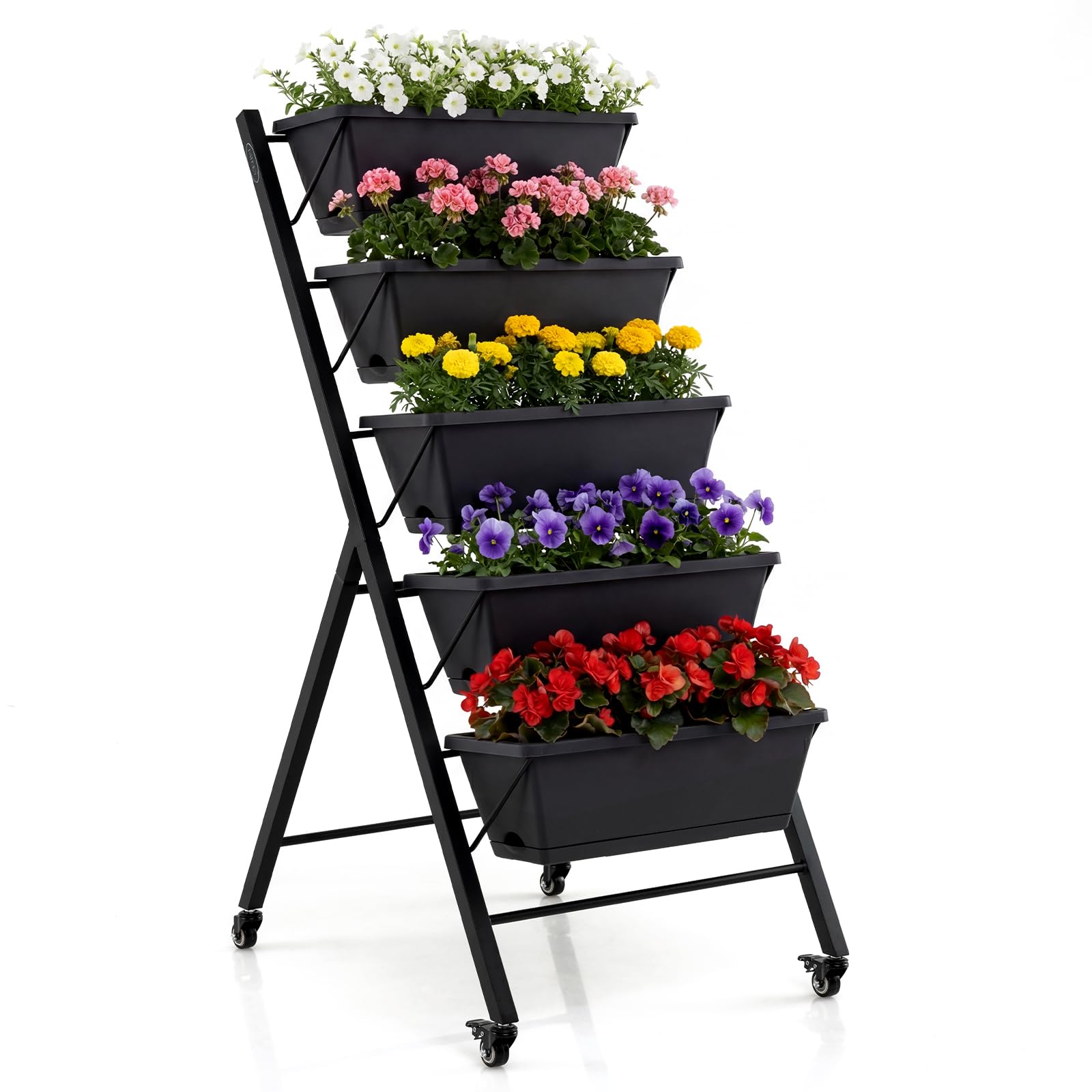 COSTWAY Fioriera Verticale a 5 Livelli, Orto Rialzato da Interno ed Esterno con Ruote Bloccabili, Vassoio e Foro di Drenaggio, Scaffale a Scaletta in Metallo Verniciato per Piante, Fiori e Verdure